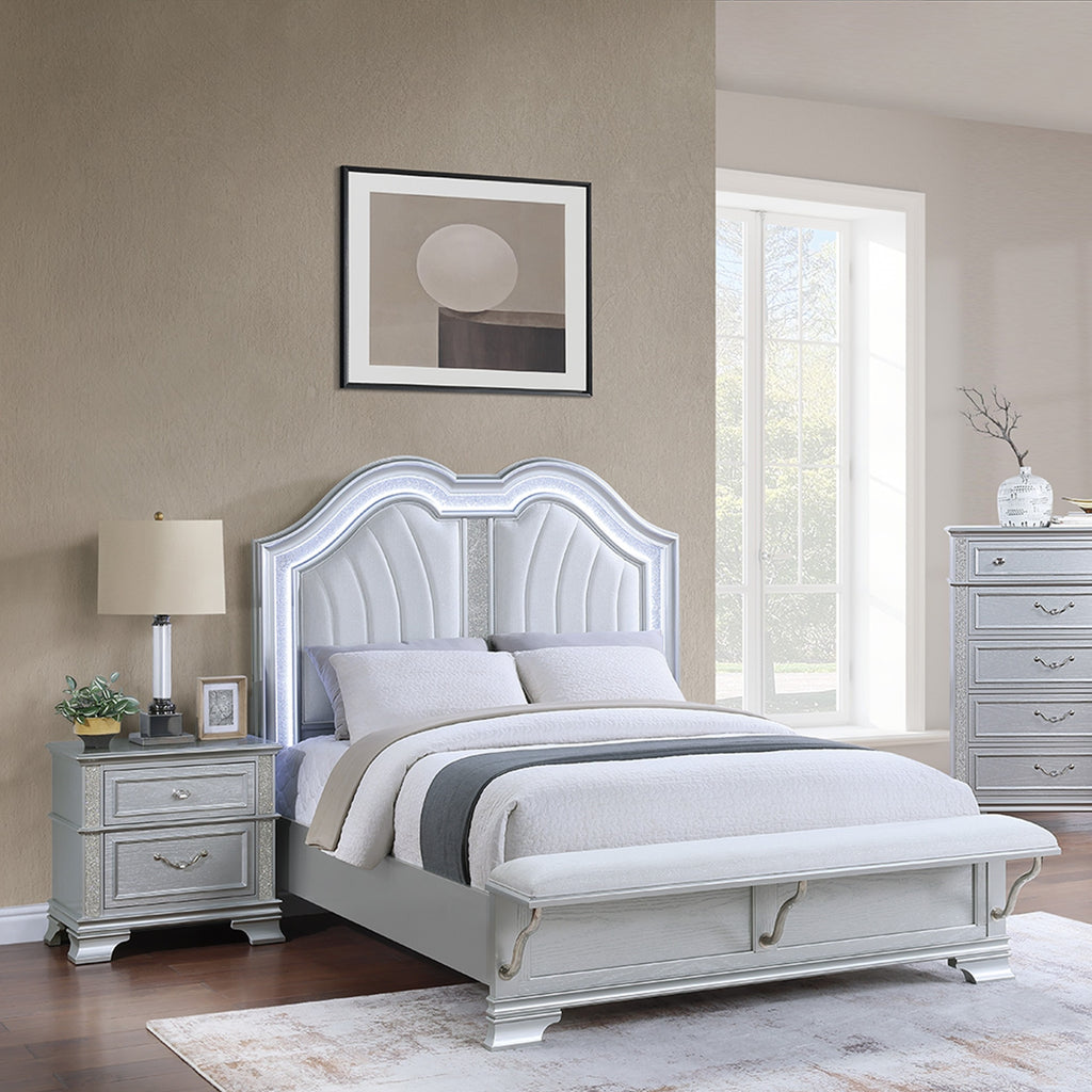 Contemporary Elegant Queen Size Bed 2x Nightstands Footboard Bench Upholstered HB 3pc Set Silver Bedroom