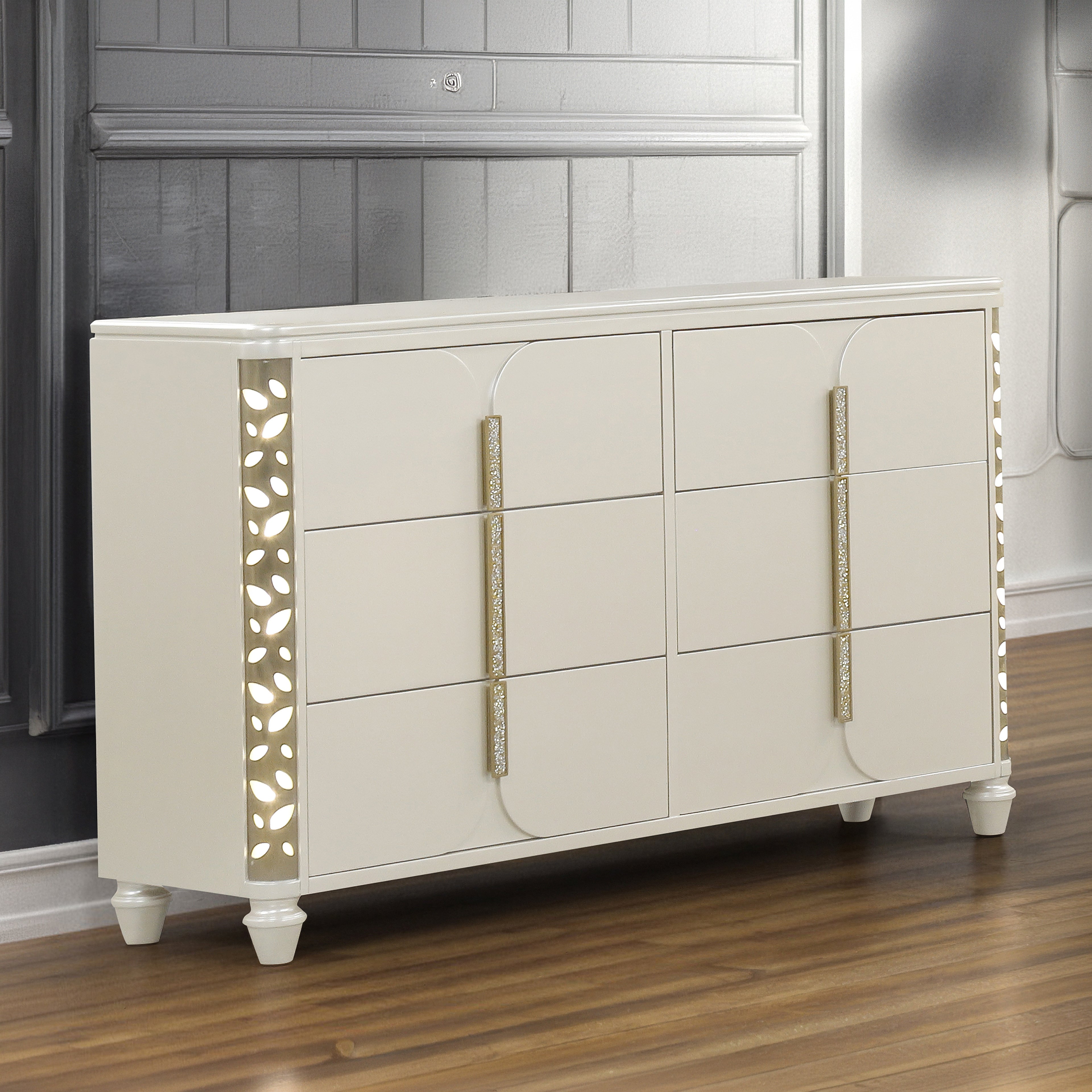 Cinderella Traditional 4 Pc Queen Bedroom Set with LED Lighting, Upholstered Bed and Gold Accents in Beige