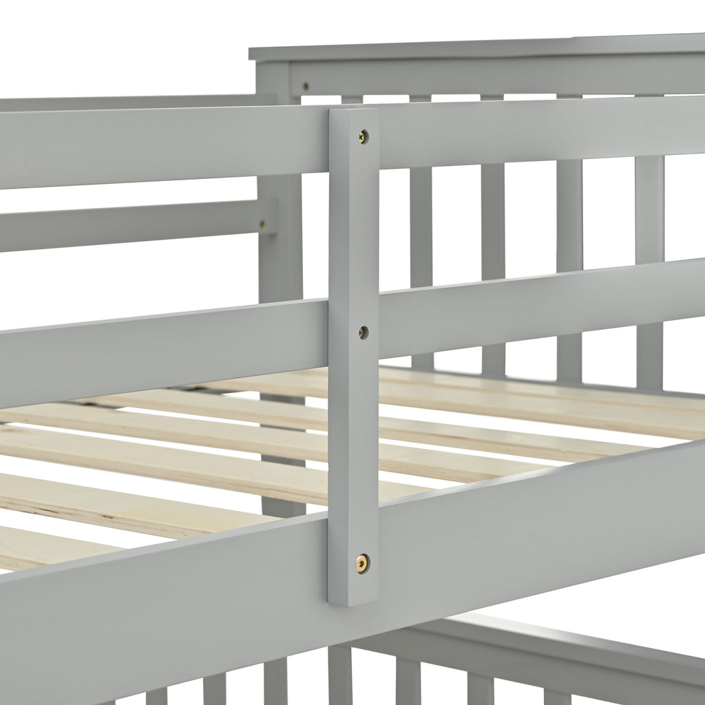 Twin Over Full Bunk Bed , Wooden Bunk Bed with Ladder and Safety Guard Rails –Gray