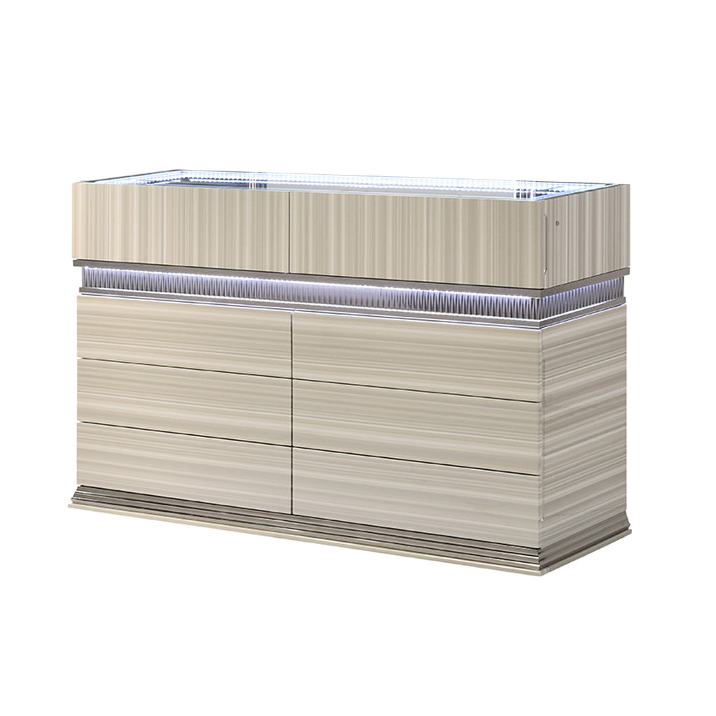 Leonor Modern Queen 4Pc Bedroom Set Made with Wood and LED Lighting in Gray with Clean Linear Detailing