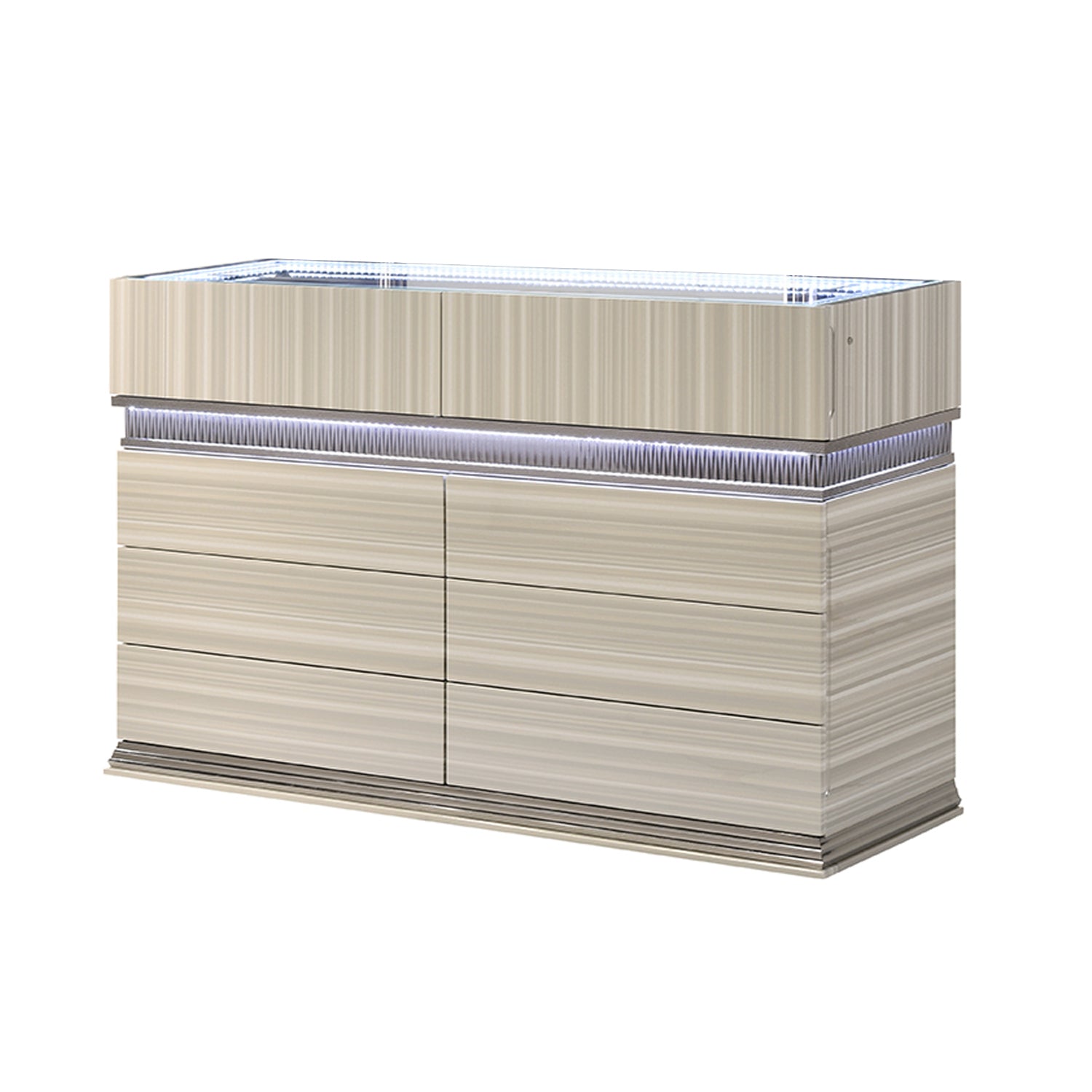 Leonor Modern Queen 4Pc Bedroom Set Made with Wood and LED Lighting in Gray with Clean Linear Detailing