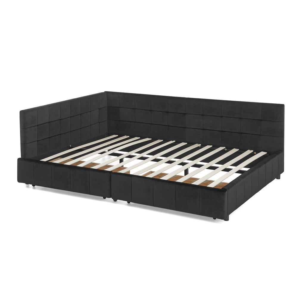 Queen Size Storage Upholstered Tufted Bed Frame, Sofa Bed Frame with Comfortable Backrest and Armrests, Queen Size Bed for Bedroom, Living Room,Velvet, BLACK(85.5''*64.5''*29.5'')