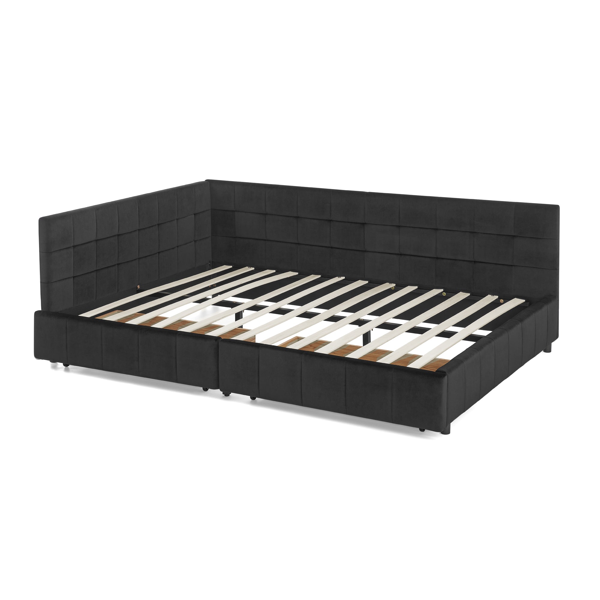 Queen Size Storage Upholstered Tufted Bed Frame, Sofa Bed Frame with Comfortable Backrest and Armrests, Queen Size Bed for Bedroom, Living Room,Velvet, BLACK(85.5''*64.5''*29.5'')