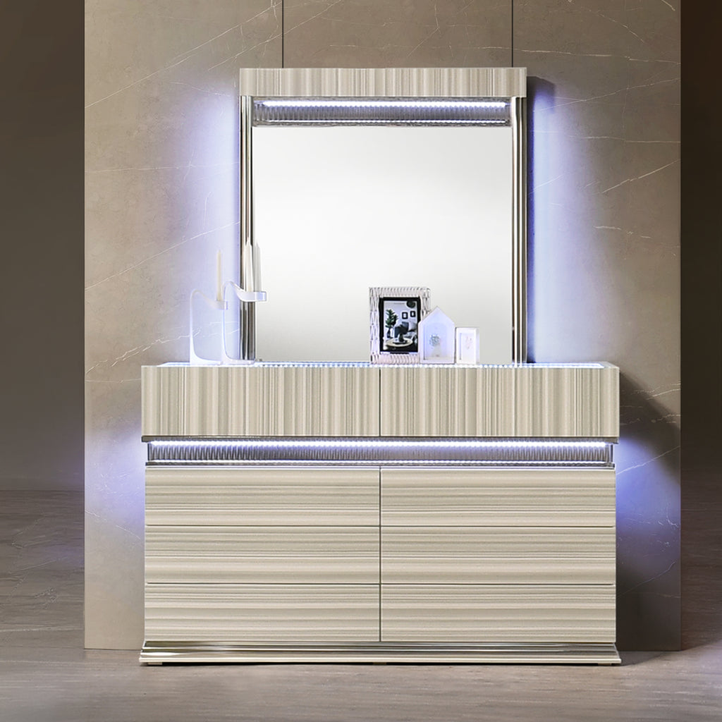 Leonor Modern Queen 4Pc Bedroom Set Made with Wood and LED Lighting in Gray with Clean Linear Detailing