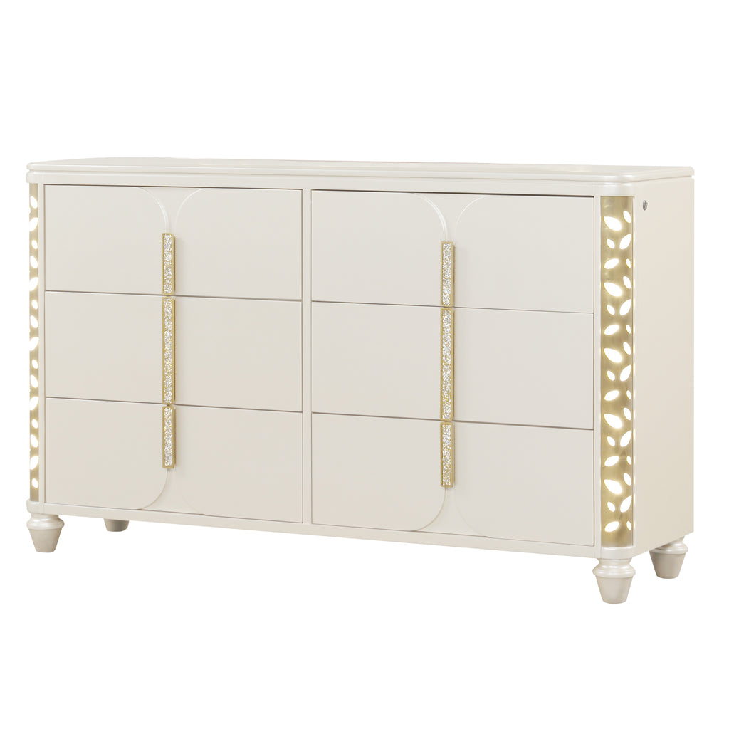 Cinderella Traditional 4 Pc Queen Bedroom Set with LED Lighting, Upholstered Bed and Gold Accents in Beige