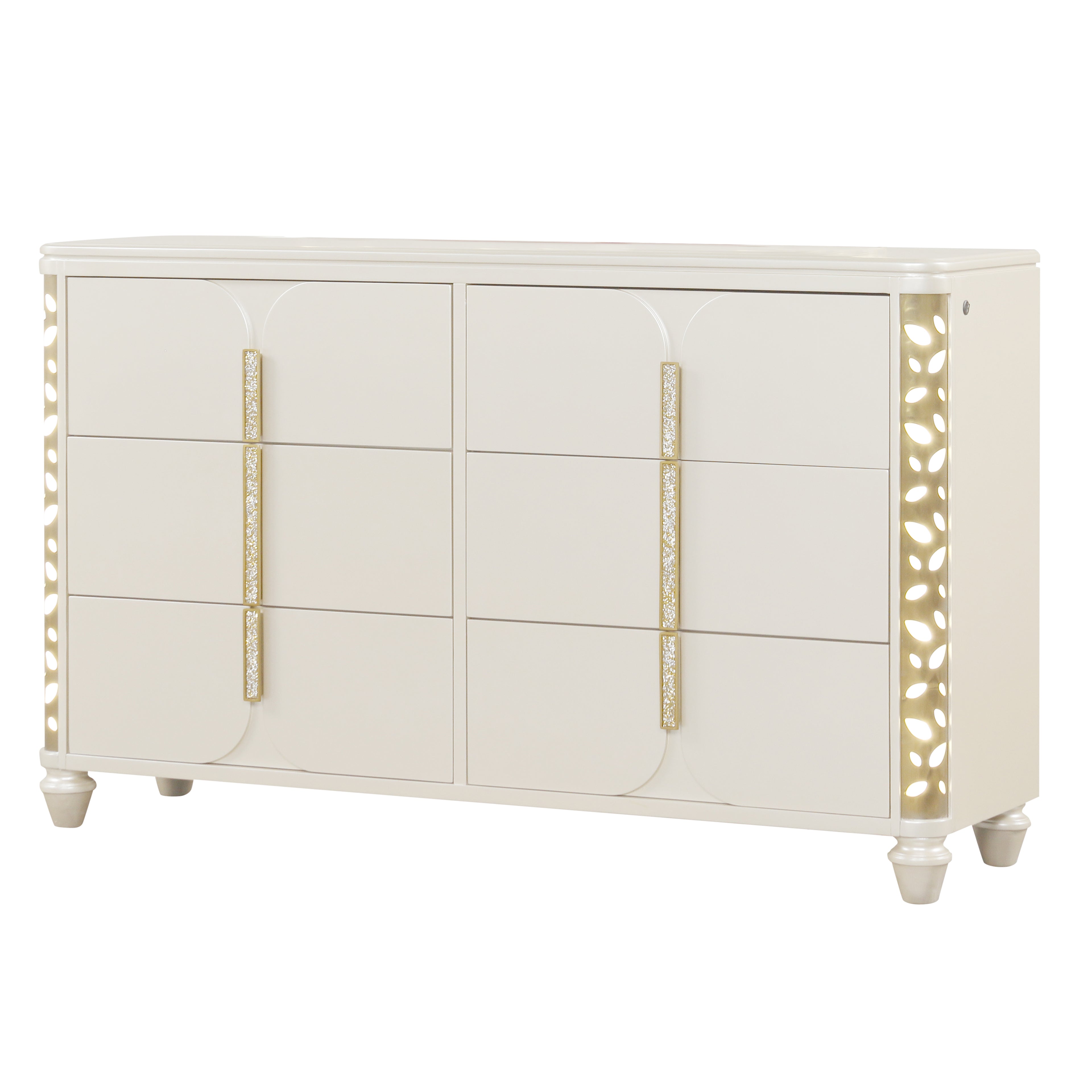 Cinderella Traditional 4 Pc Queen Bedroom Set with LED Lighting, Upholstered Bed and Gold Accents in Beige