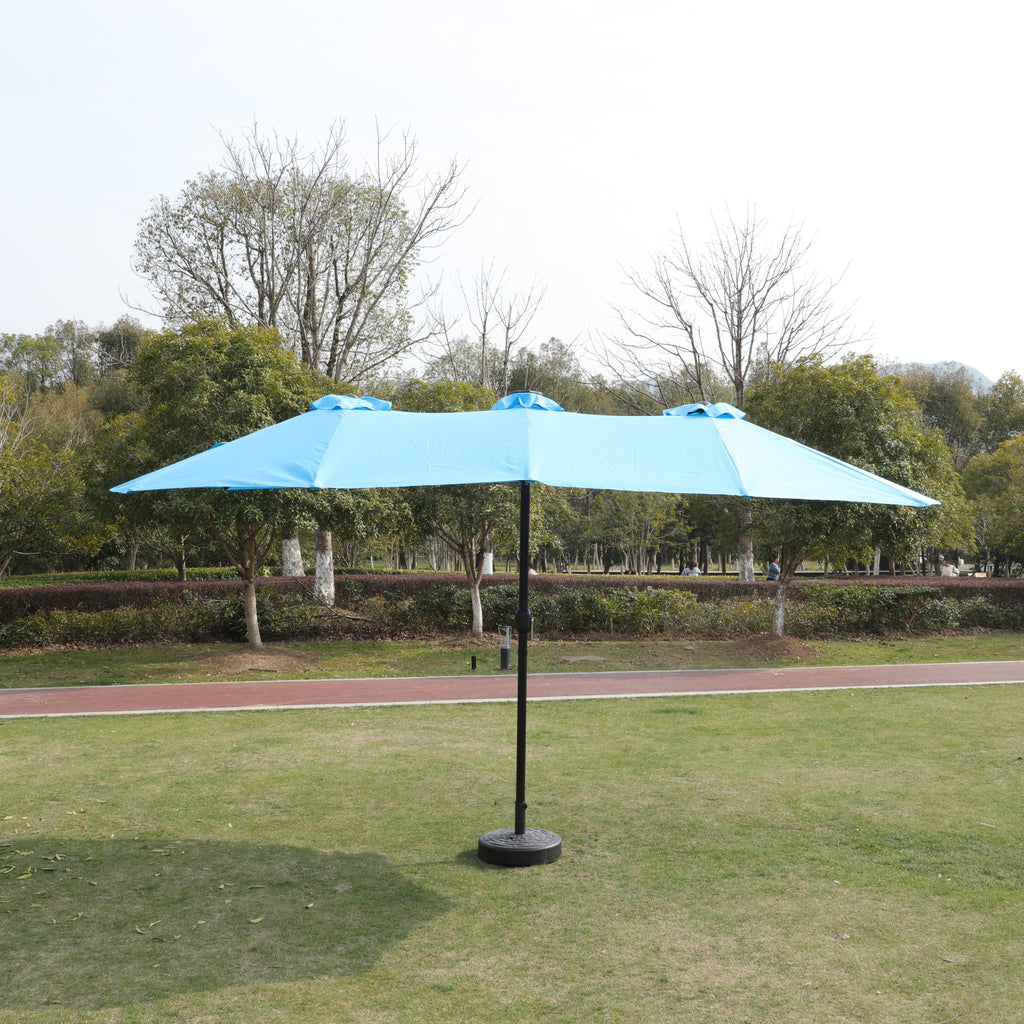 15x9ft Large Double-Sided Rectangular Outdoor Twin Patio Market Umbrella with light and base- blue