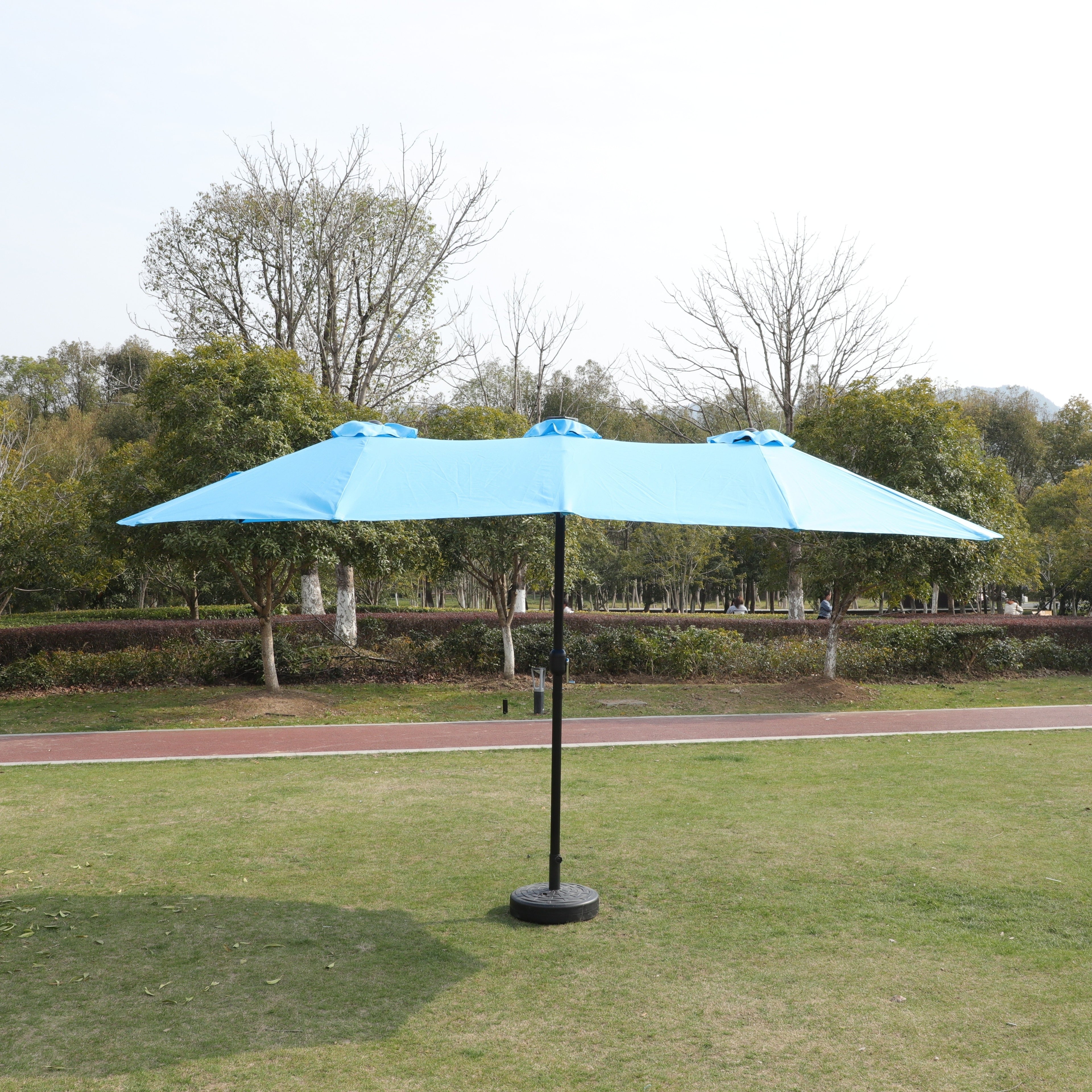 15x9ft Large Double-Sided Rectangular Outdoor Twin Patio Market Umbrella with light and base- blue