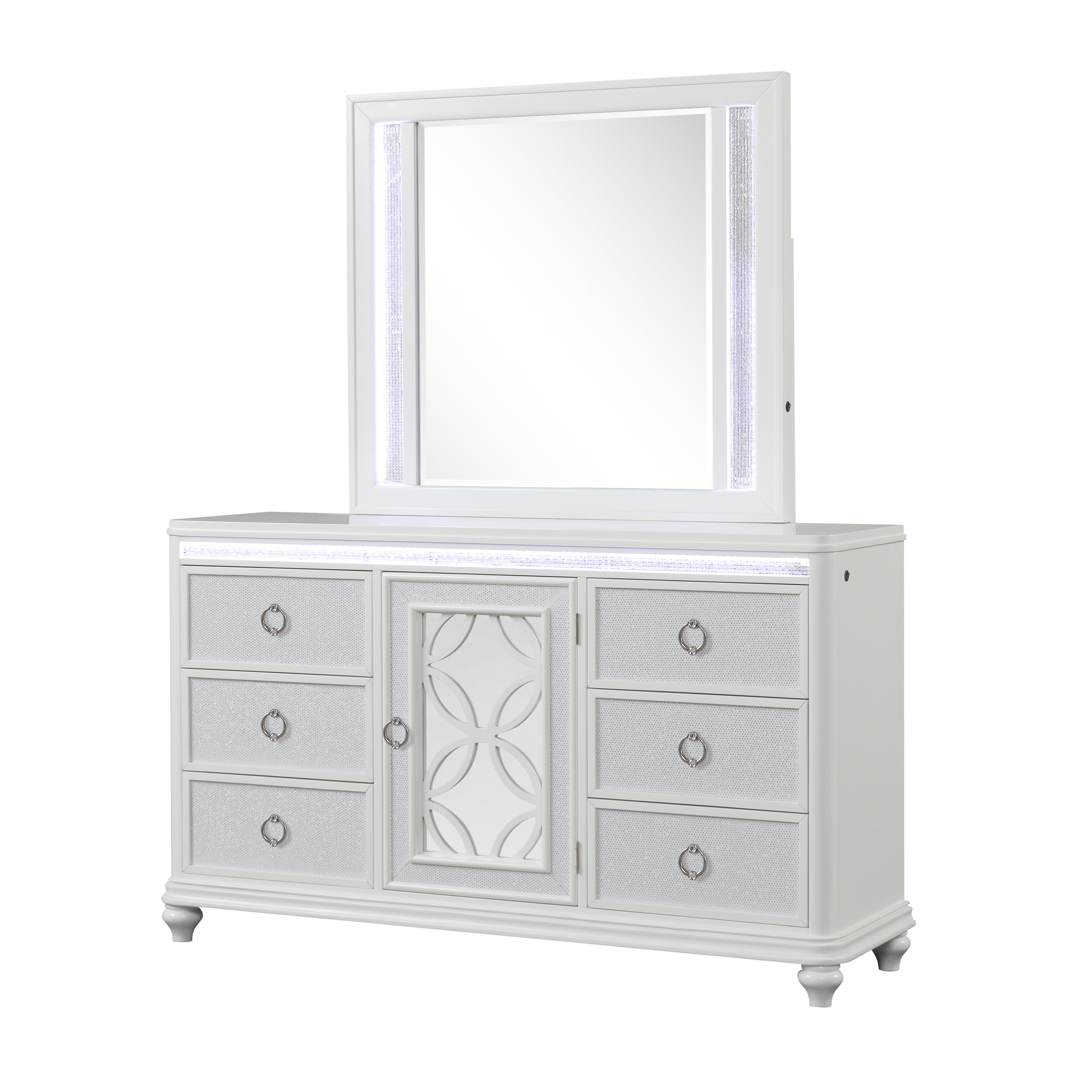 Abigale Queen 4Pc Bedroom Set with Mirror Top Nightstand made with wood, Footboard Drawers in White