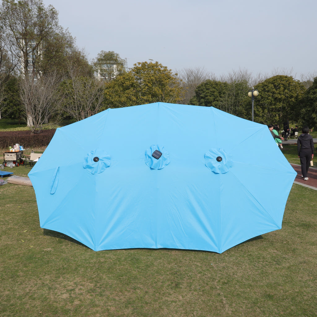 15x9ft Large Double-Sided Rectangular Outdoor Twin Patio Market Umbrella with light and base- blue