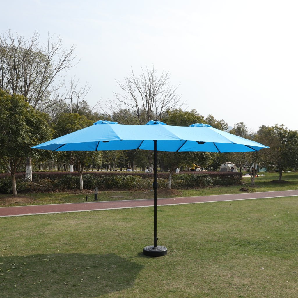 15x9ft Large Double-Sided Rectangular Outdoor Twin Patio Market Umbrella with light and base- blue