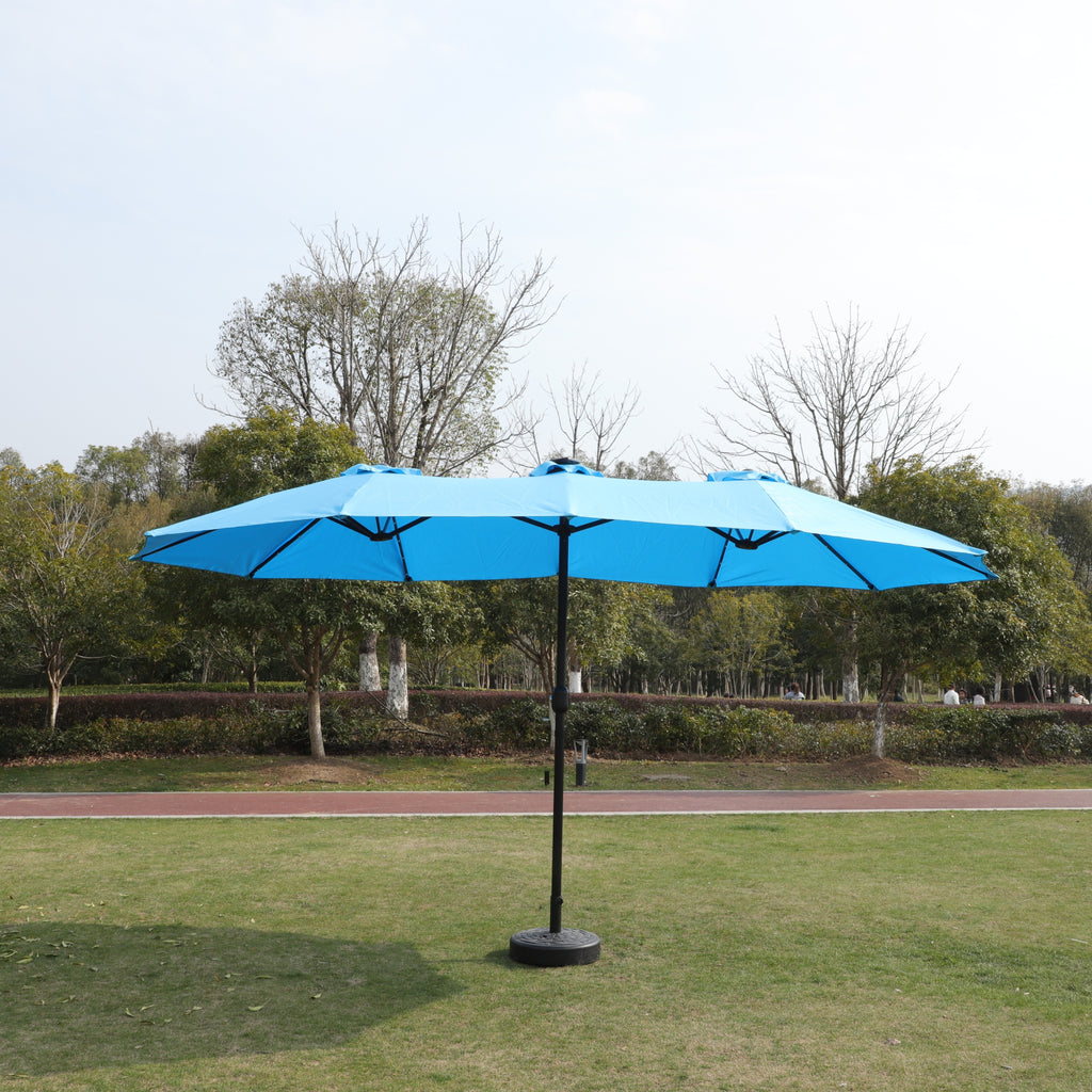 15x9ft Large Double-Sided Rectangular Outdoor Twin Patio Market Umbrella with light and base- blue