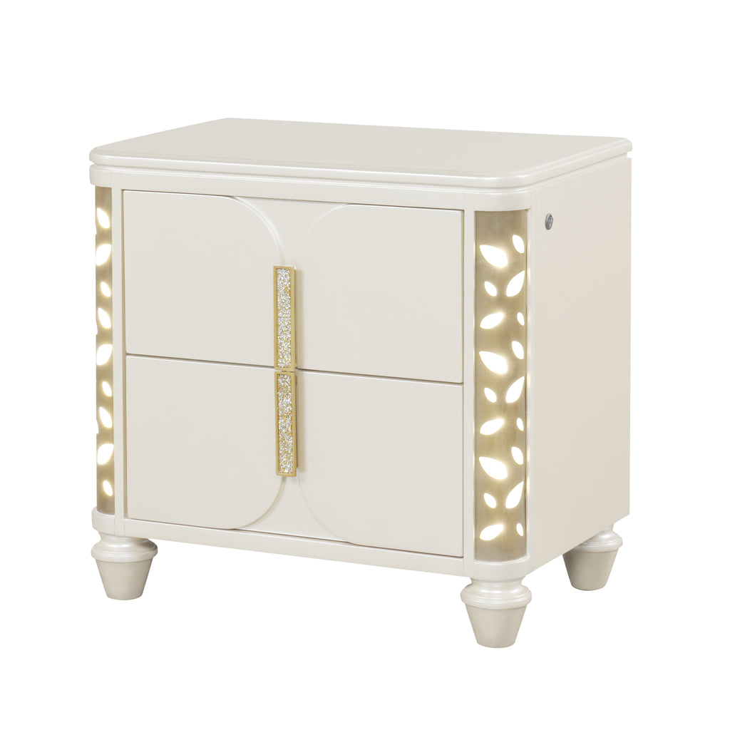 Cinderella Traditional 4 Pc Queen Bedroom Set with LED Lighting, Upholstered Bed and Gold Accents in Beige