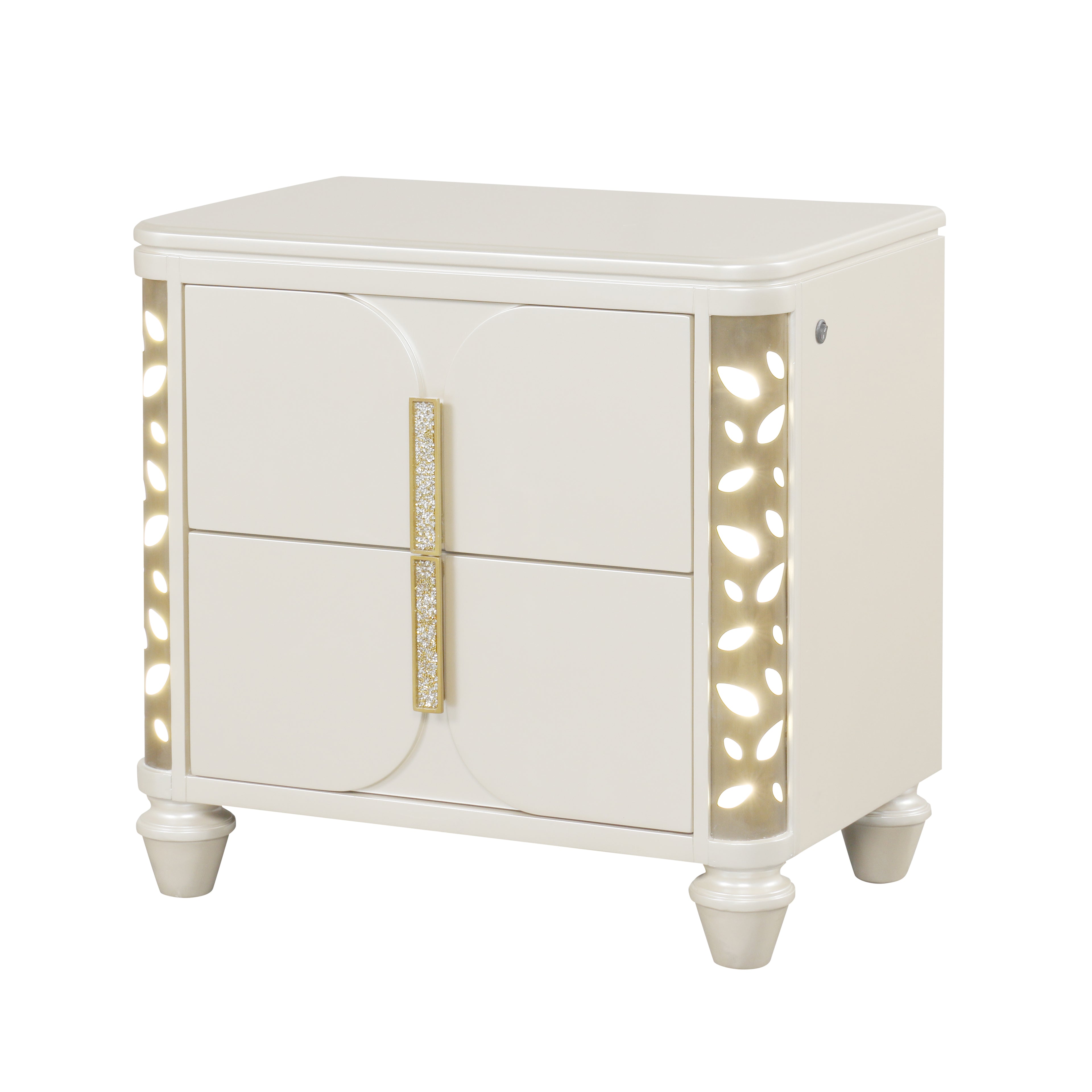Cinderella Traditional 4 Pc Queen Bedroom Set with LED Lighting, Upholstered Bed and Gold Accents in Beige