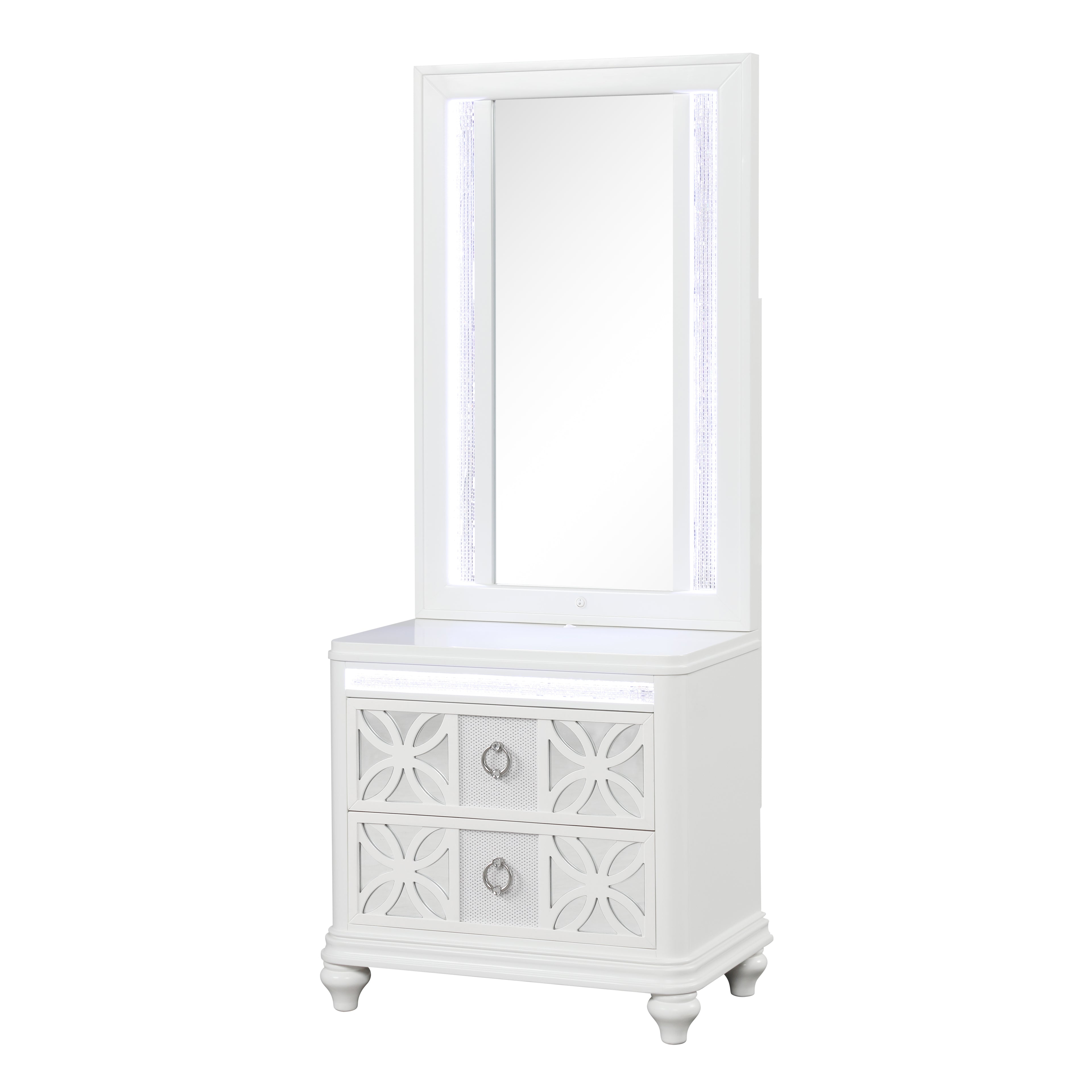 Abigale Queen 4Pc Bedroom Set with Mirror Top Nightstand made with wood, Footboard Drawers in White