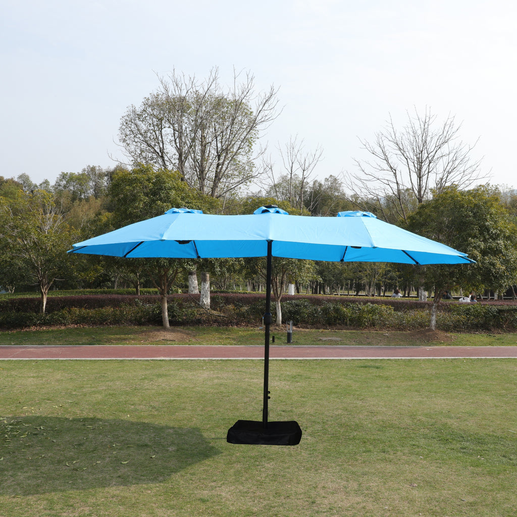 15x9ft Large Double-Sided Rectangular Outdoor Twin Patio Market Umbrella with light and base- blue