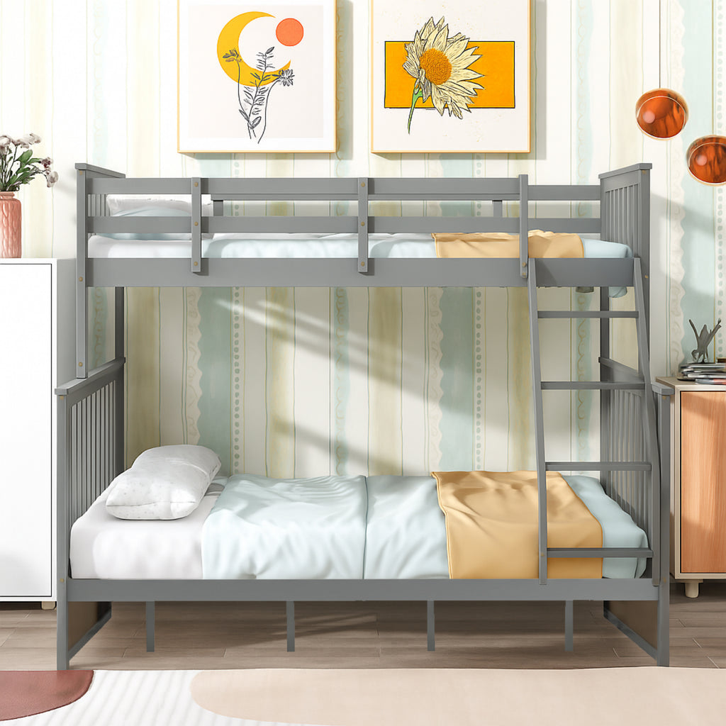 Twin Over Full Bunk Bed , Wooden Bunk Bed with Ladder and Safety Guard Rails –Gray