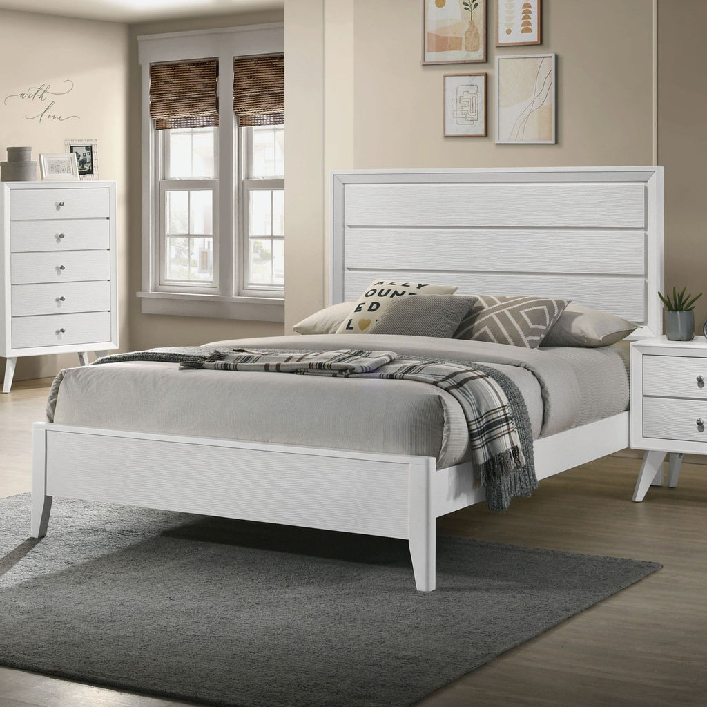 White Queen Size Bed 2x Nightstands Wave Texture Panel HB Bedroom Furniture Contemporary 3pc Set