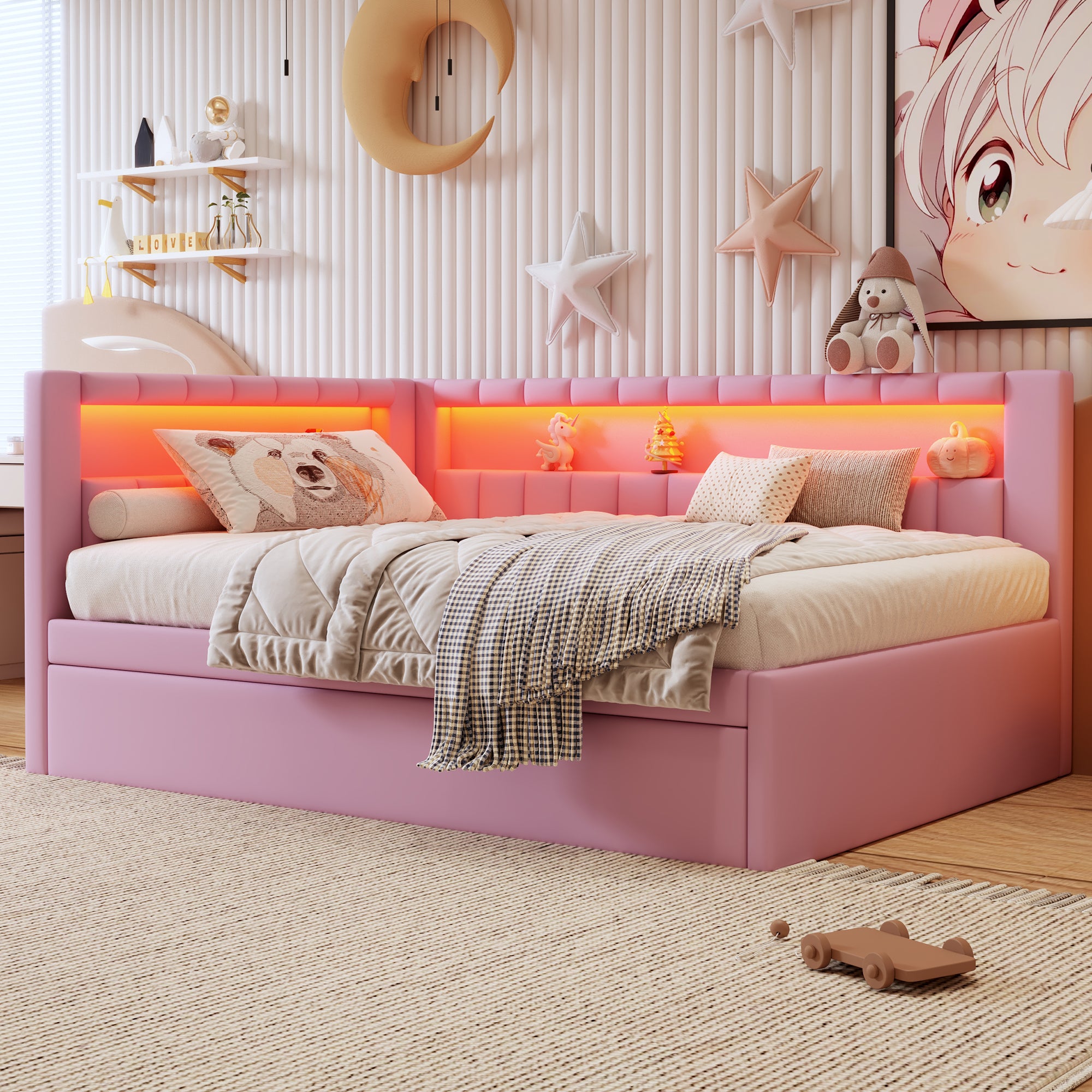 Upholstered Full Size Platform Bed with USB Ports and LED Belt, With Trundle, Pink