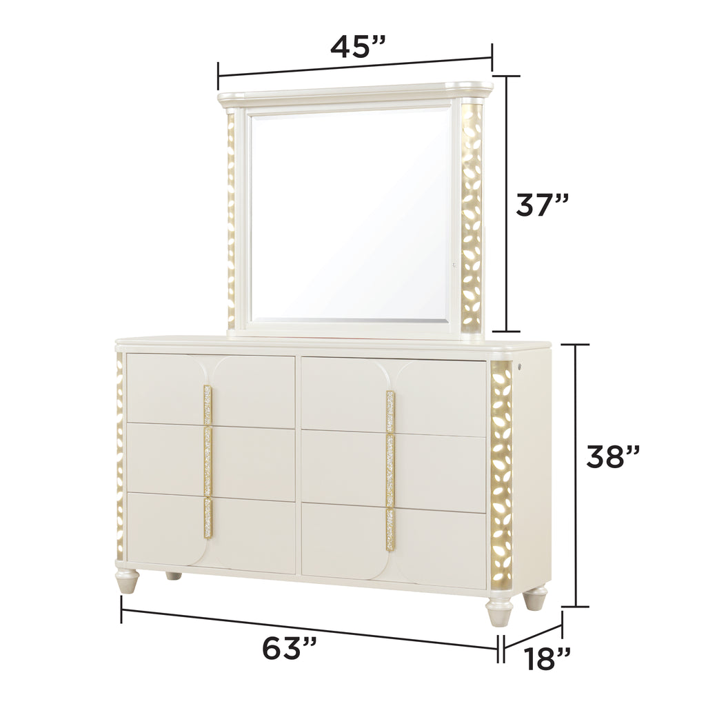 Cinderella Traditional 4 Pc Queen Bedroom Set with LED Lighting, Upholstered Bed and Gold Accents in Beige