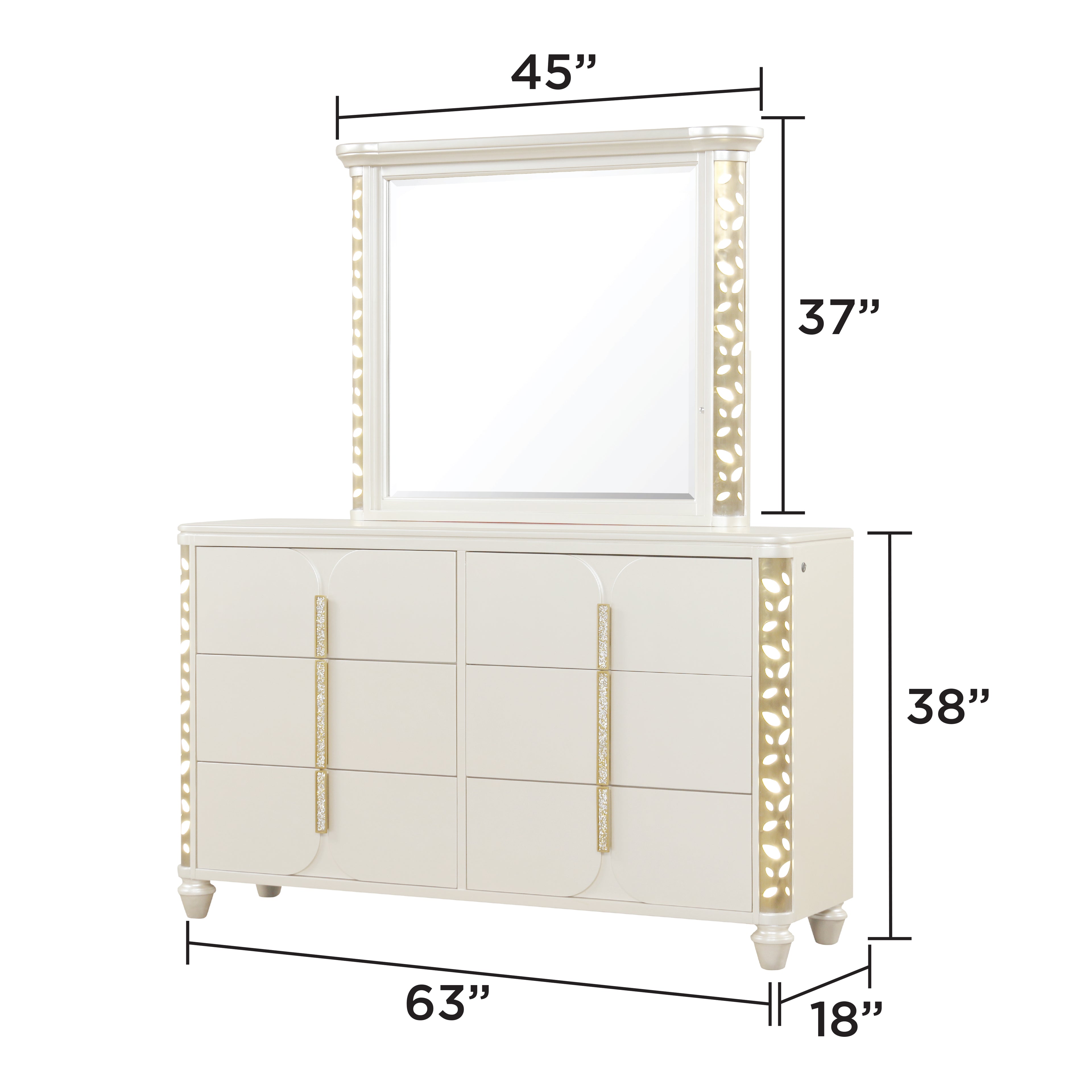 Cinderella Traditional 4 Pc Queen Bedroom Set with LED Lighting, Upholstered Bed and Gold Accents in Beige