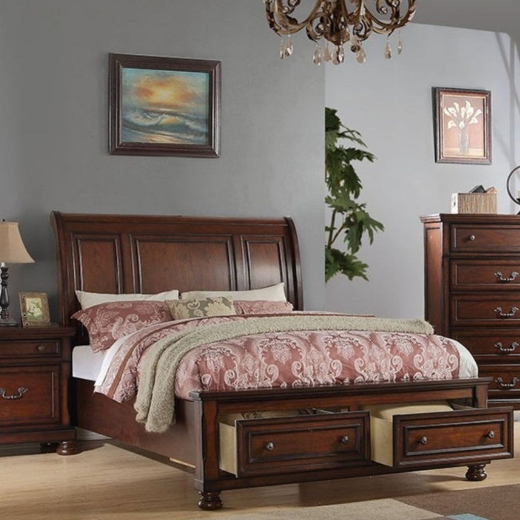 Traditional 3pc Bedroom Set Queen Size Bed 2x Nightstands Panel HB Footboard Drawers Antique Cherry Furniture