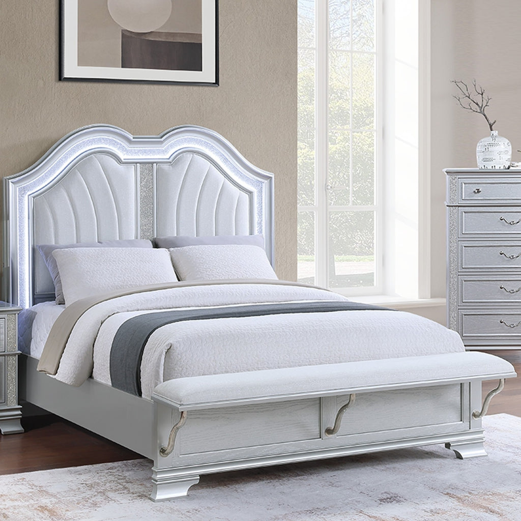 Contemporary Elegant Queen Size Bed 2x Nightstands Footboard Bench Upholstered HB 3pc Set Silver Bedroom