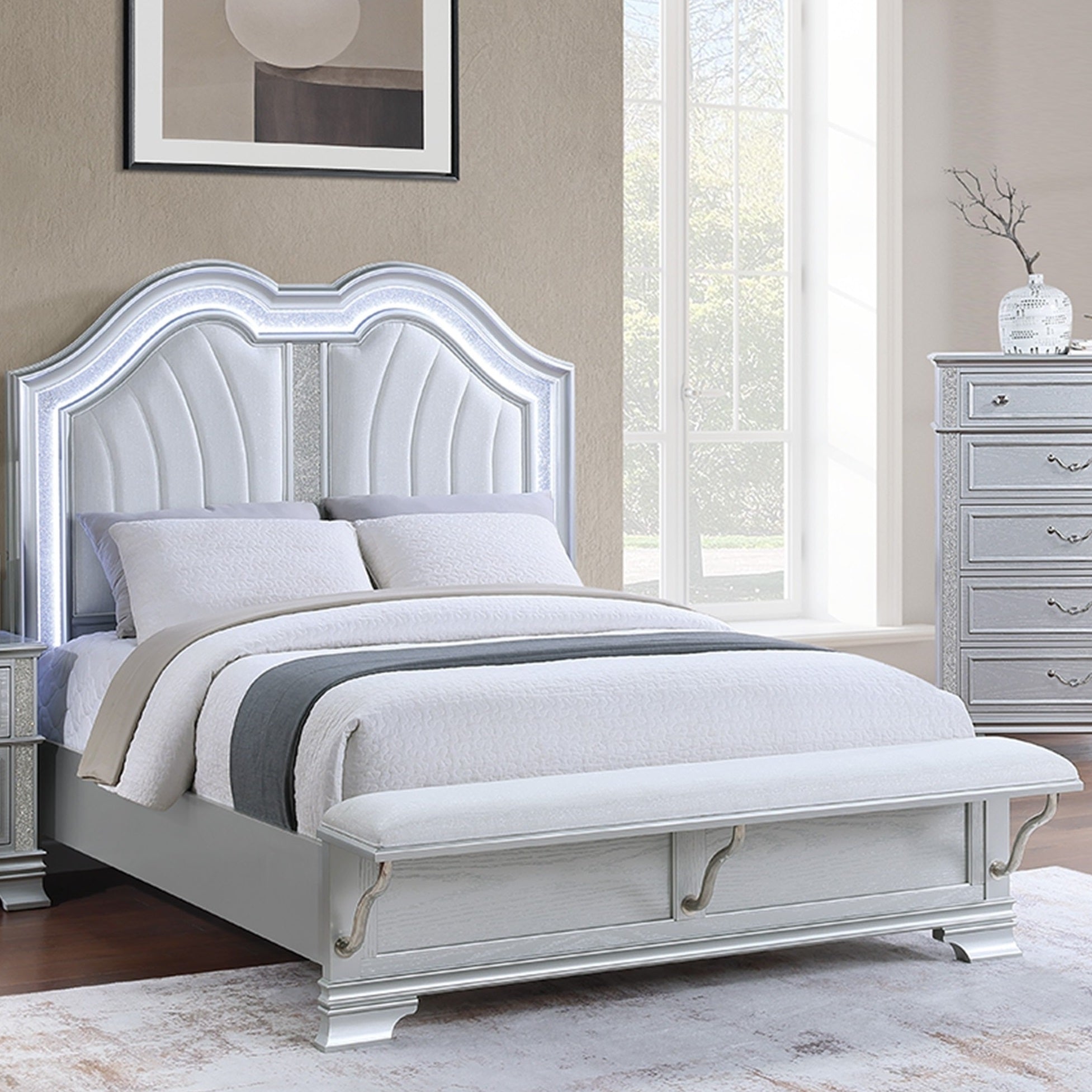 Contemporary Elegant Queen Size Bed 2x Nightstands Footboard Bench Upholstered HB 3pc Set Silver Bedroom
