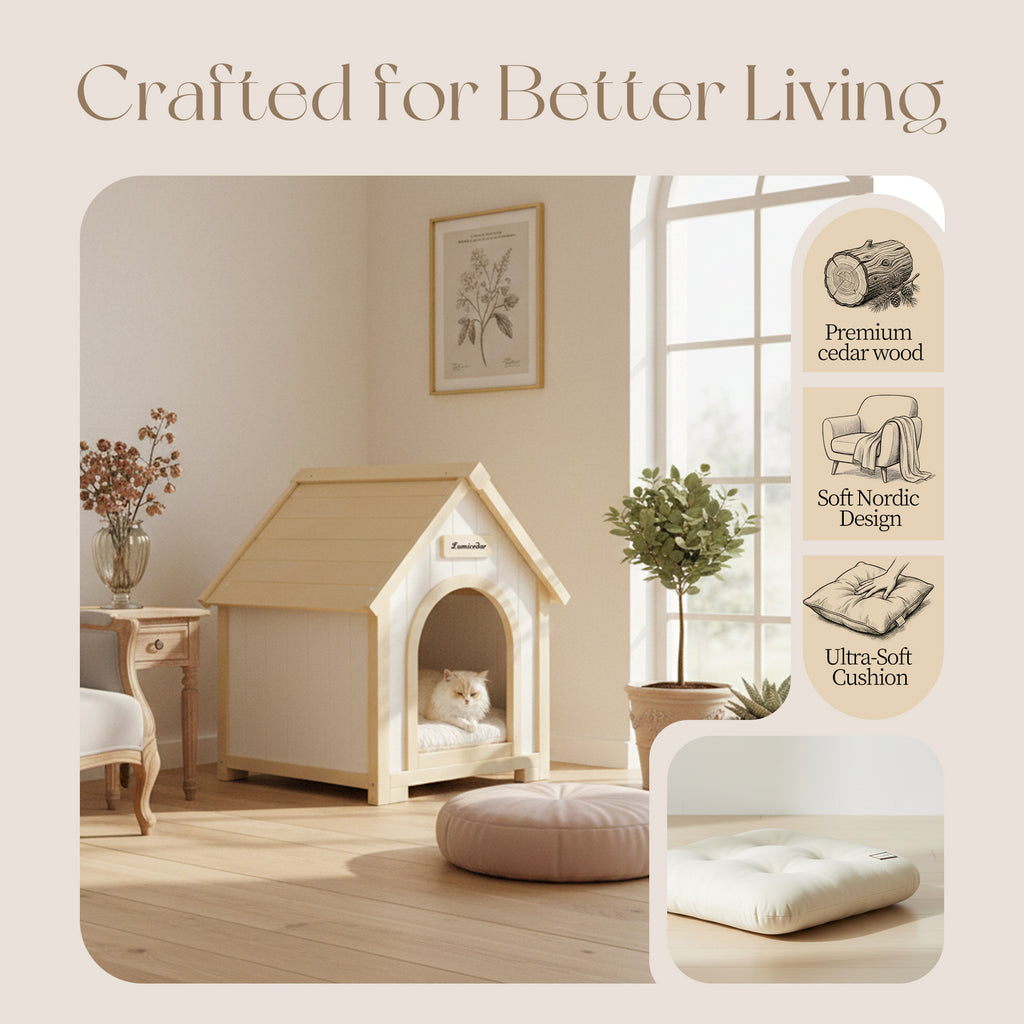 Modern Indoor Wooden Dog House with EVA Cushion – Solid Cedar Pet House for Small Dogs & Cats
