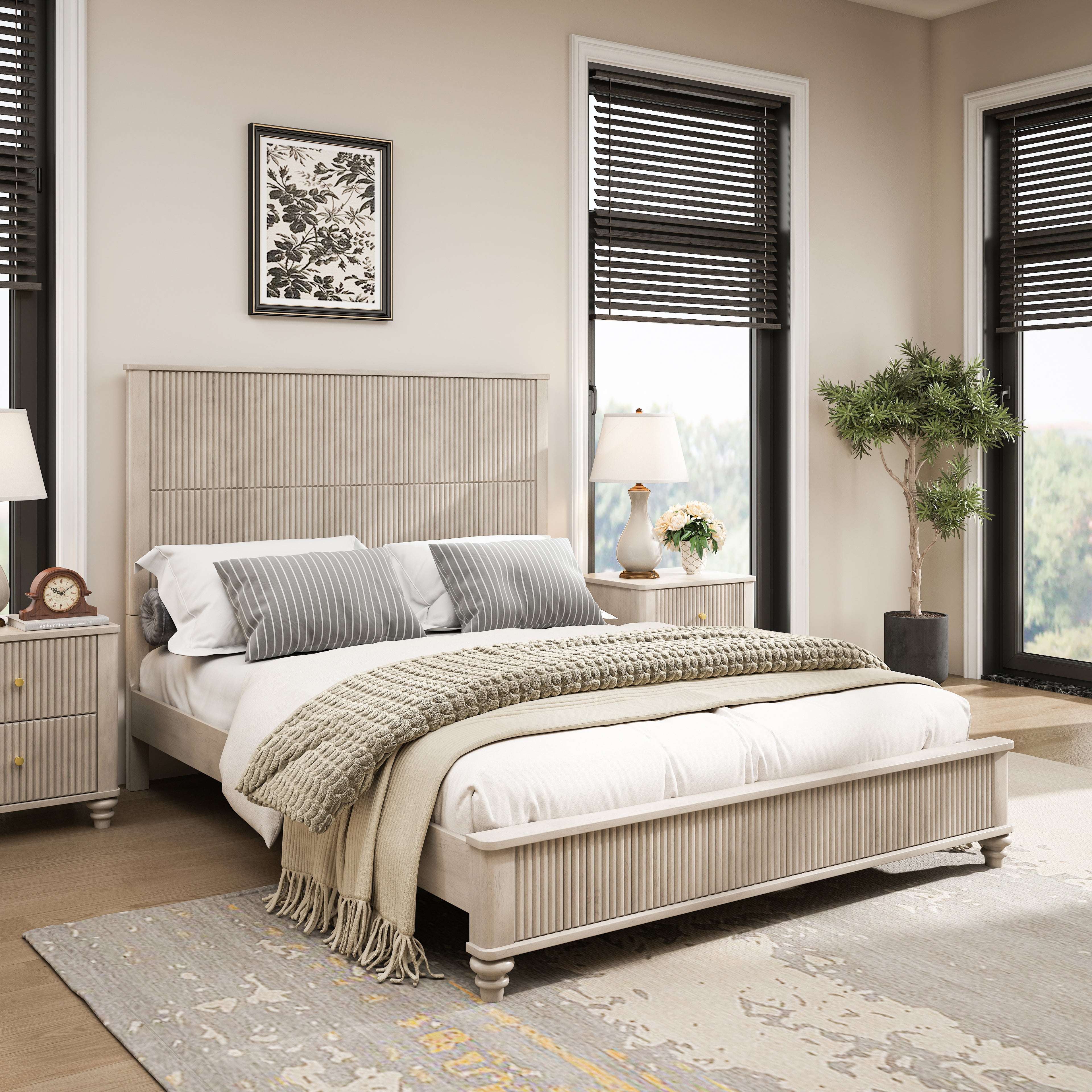 3-Piece Bedroom set with a Queen Size Bed and 2 Nightstands, Beige