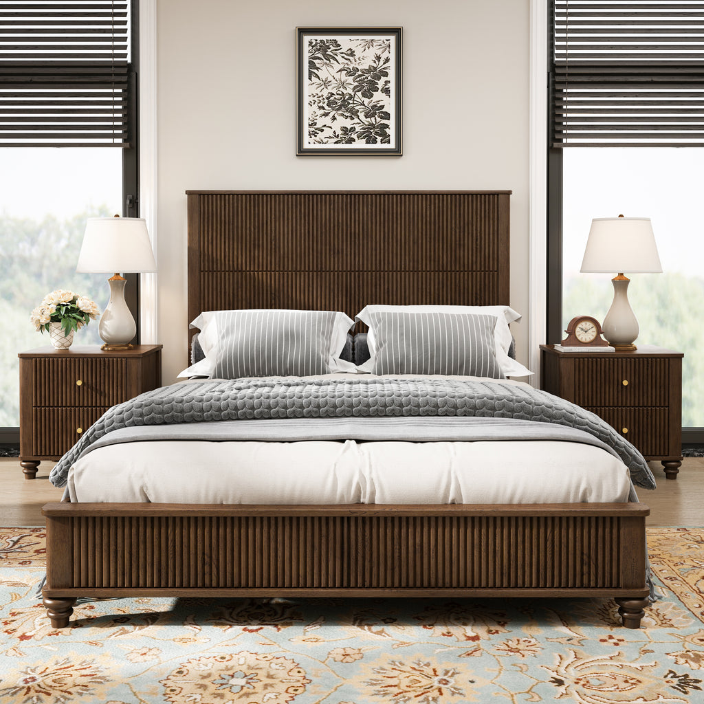 3-Piece Bedroom set with a Queen Size Bed and 2 Nightstands,Walnut Brown