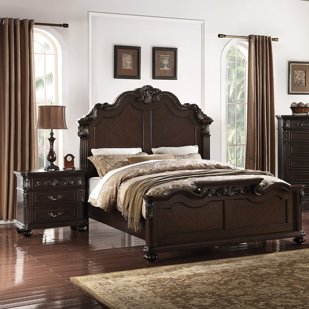 Majestic Formal King Size Bed 2x Nightstands Carved Details Antique Cherry 3pc Set Bedroom Furniture