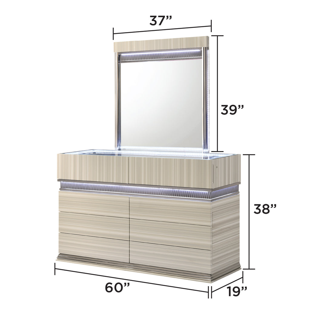 Leonor Modern Queen 4Pc Bedroom Set Made with Wood and LED Lighting in Gray with Clean Linear Detailing