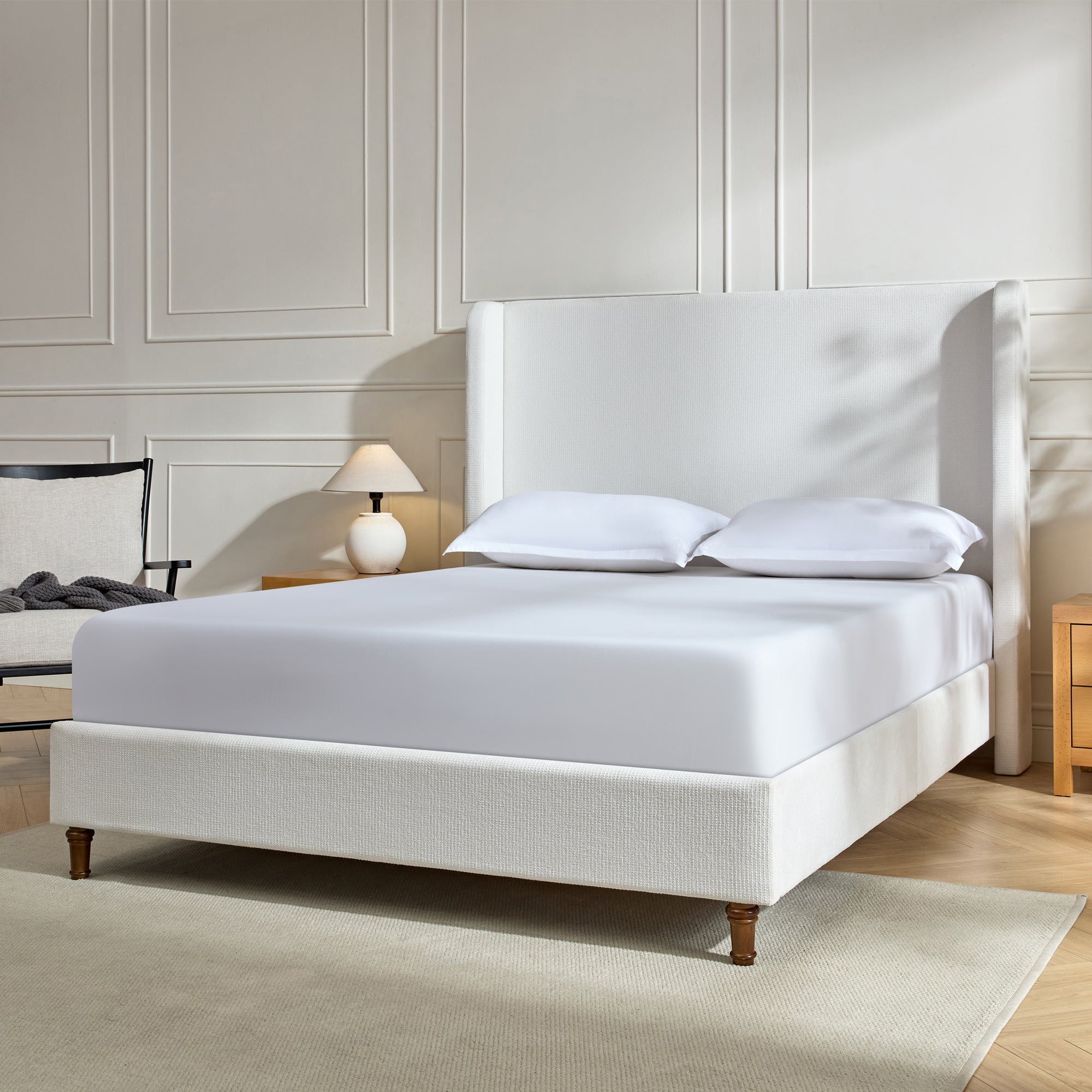 Harper Tall Headboard Upholstered Bed / 54" High Headboard / Elegant Simplicity / No Box Spring Needed / Easy Assembly / King / Cream White Chenille