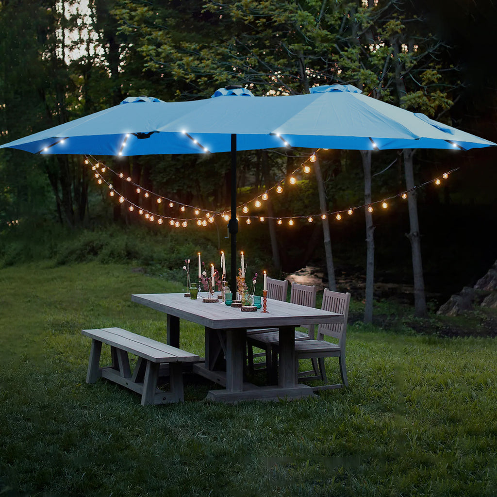15x9ft Large Double-Sided Rectangular Outdoor Twin Patio Market Umbrella with light and base- blue