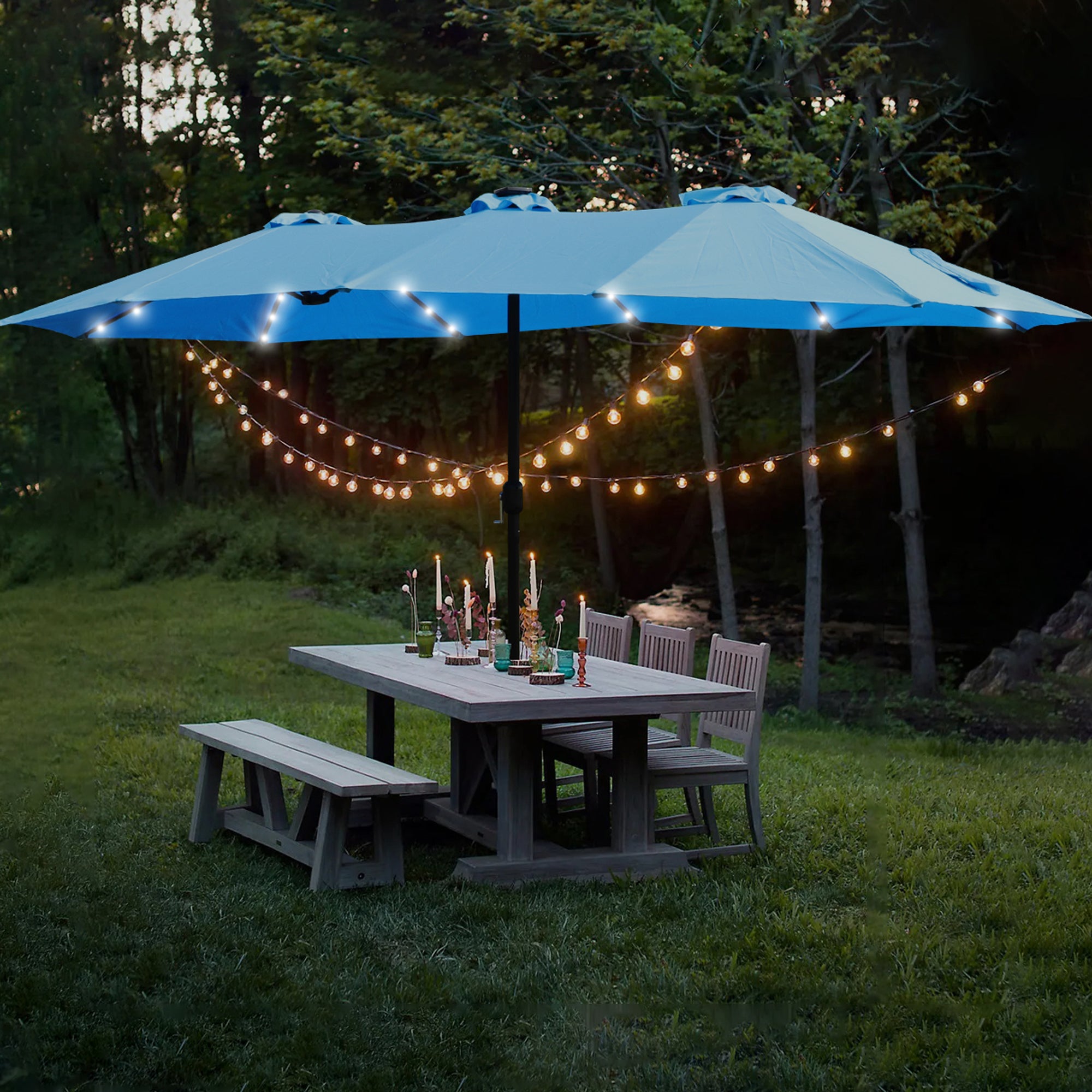 15x9ft Large Double-Sided Rectangular Outdoor Twin Patio Market Umbrella with light and base- blue