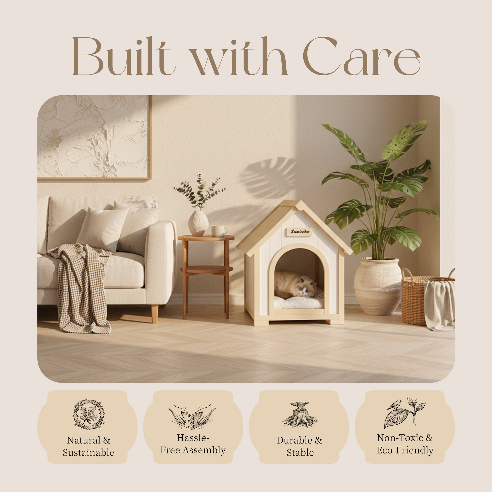 Modern Indoor Wooden Dog House with EVA Cushion – Solid Cedar Pet House for Small Dogs & Cats