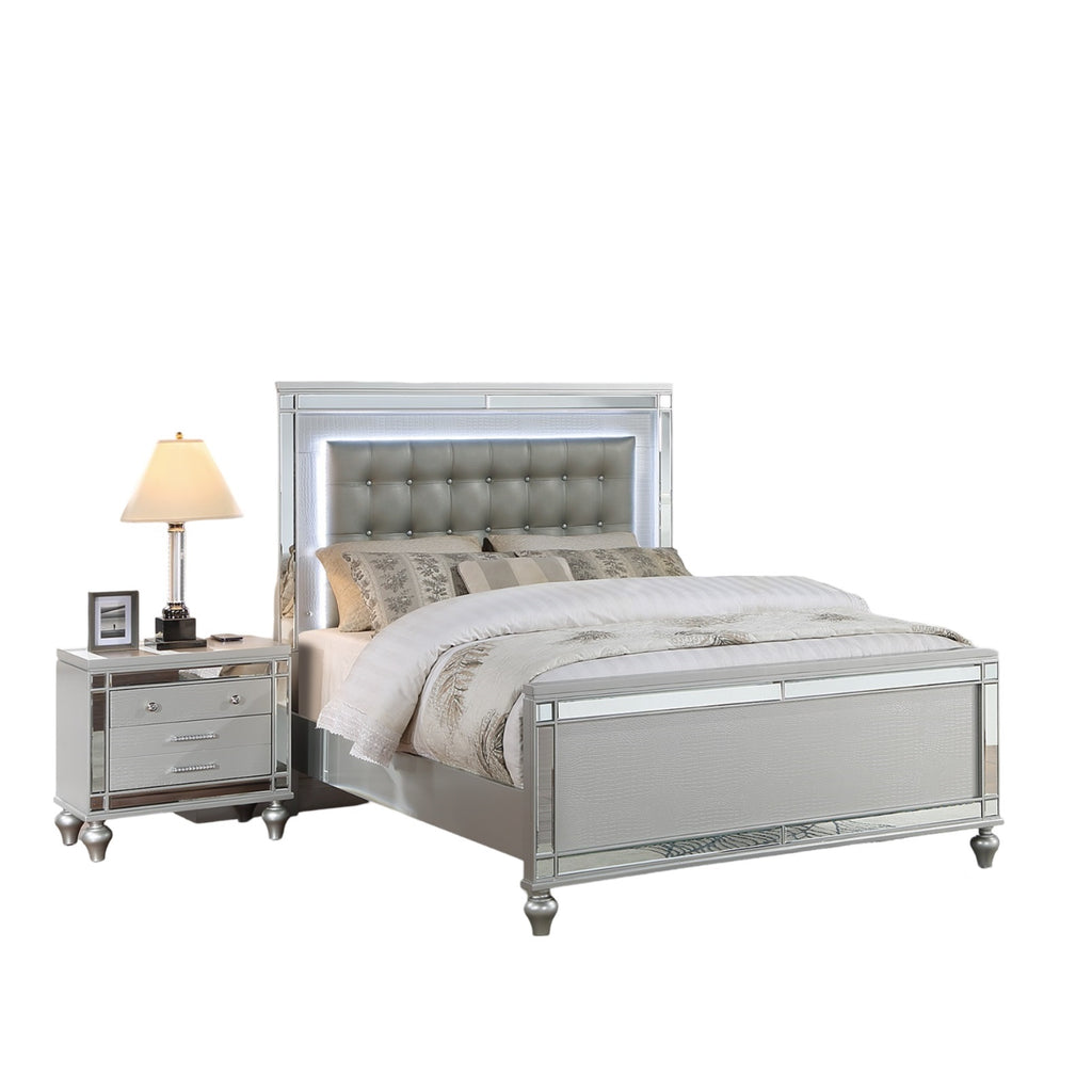 Sleek Modern Silver Tufted Faux Leather Queen Size Bed 2x Nightstands LED 3pc Set Panel Bedframe Bedroom