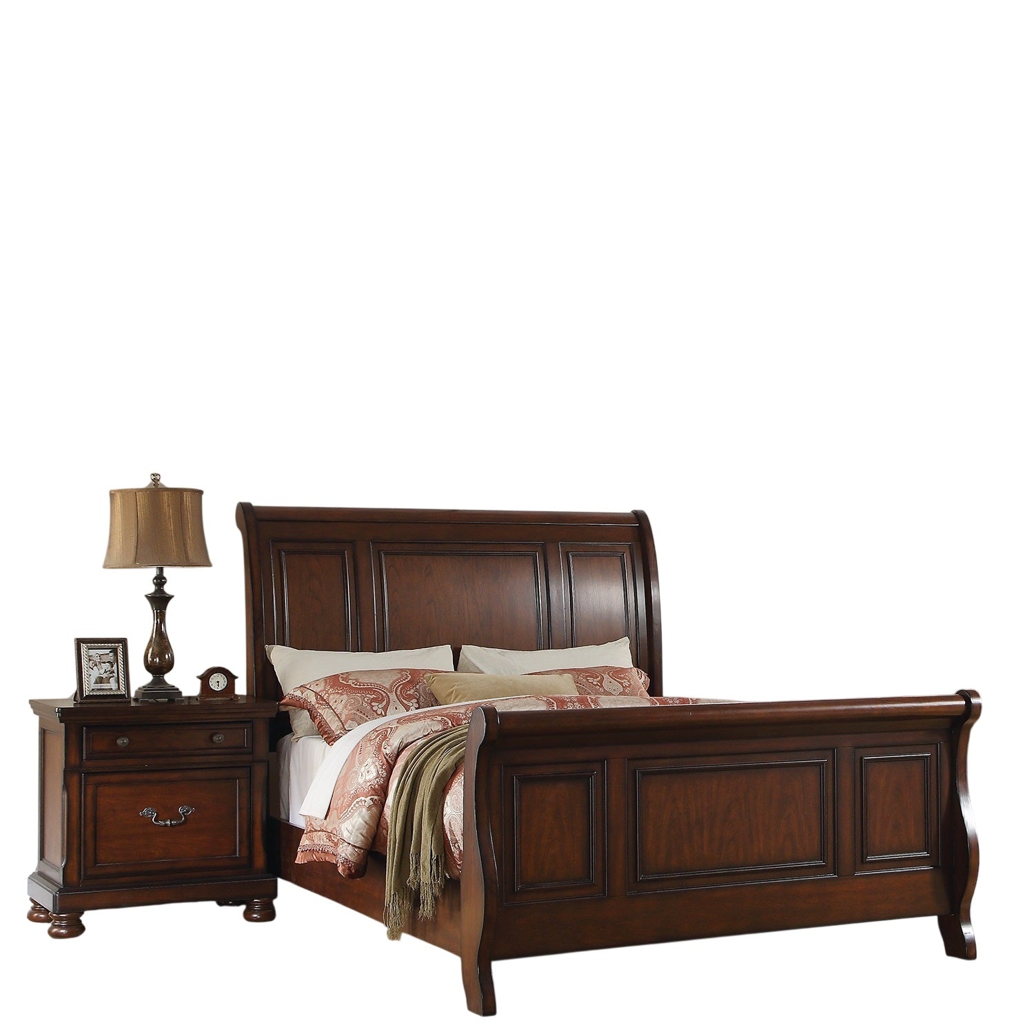 Traditional 3pc Set Queen Size Bed 2x Nightstands Panel Headboard Footboard Antique Cherry Bedroom Furniture