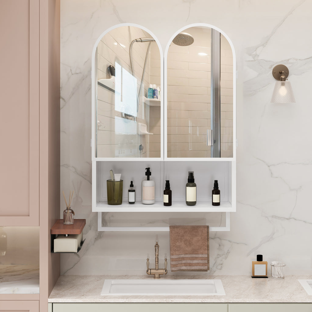 23.62" Modern Double-Arched Mirror Cabinet,2 Doors Medicine Cabinet, Metal Wall Cabinet with Adjustable Shelves and Towel Rack, Mirror Cabinet with Storage for Bathroom, Living Room and Bedroom, White
