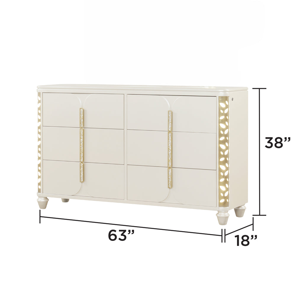 Cinderella Traditional 4 Pc Queen Bedroom Set with LED Lighting, Upholstered Bed and Gold Accents in Beige