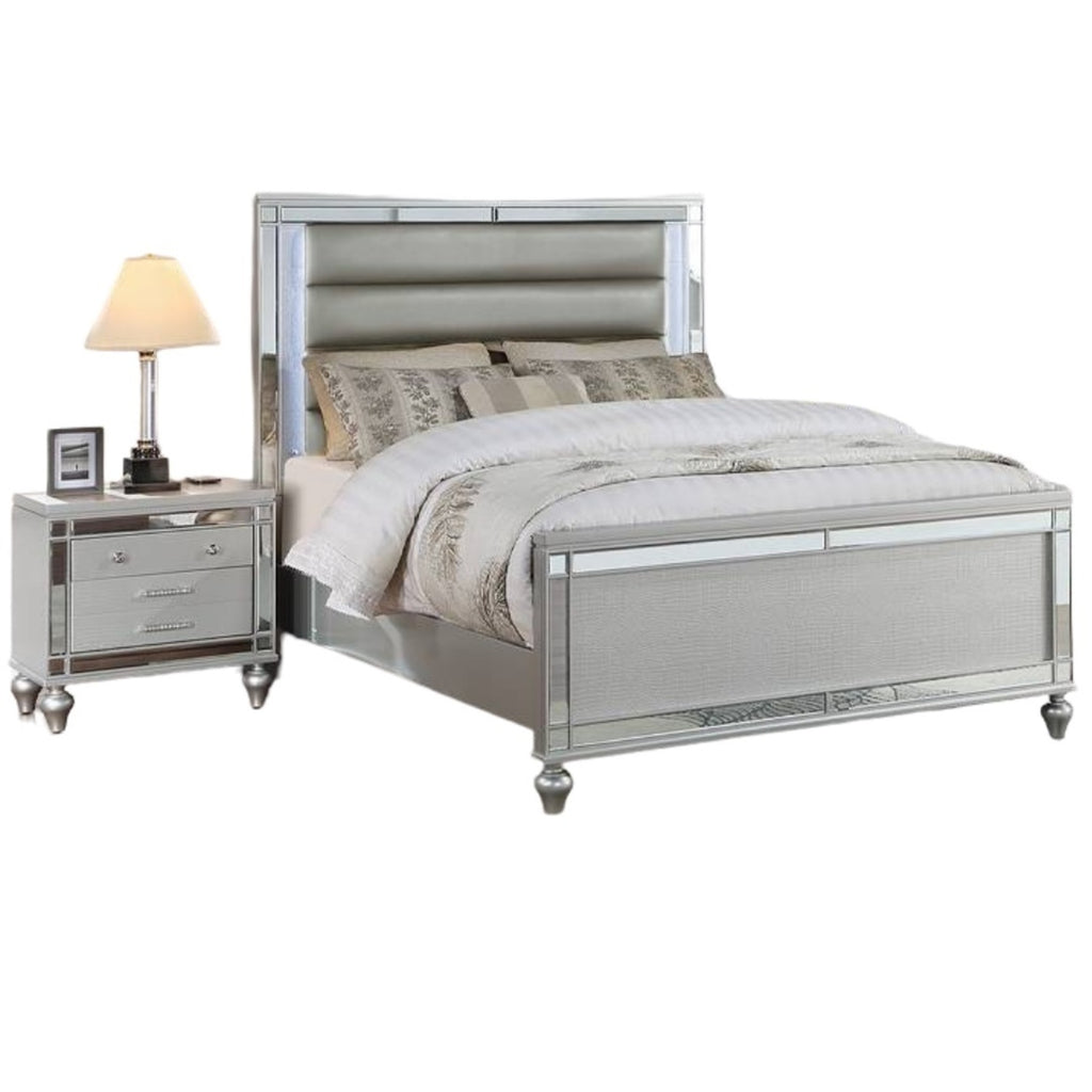 Bedroom Furniture Modern Queen Size Bed 2x Nightstands LED Lights Glass Panel Horizontal Tufting Silver