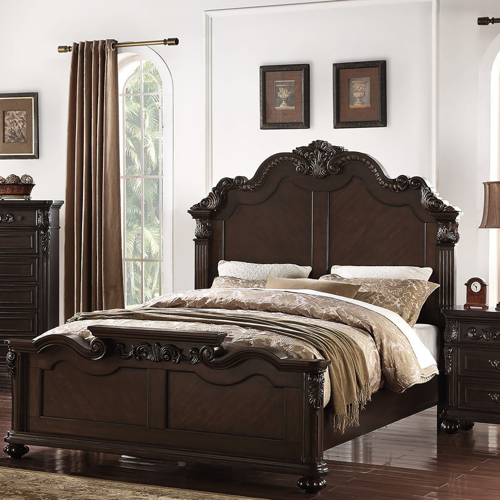 Majestic Formal King Size Bed 2x Nightstands Carved Details Antique Cherry 3pc Set Bedroom Furniture
