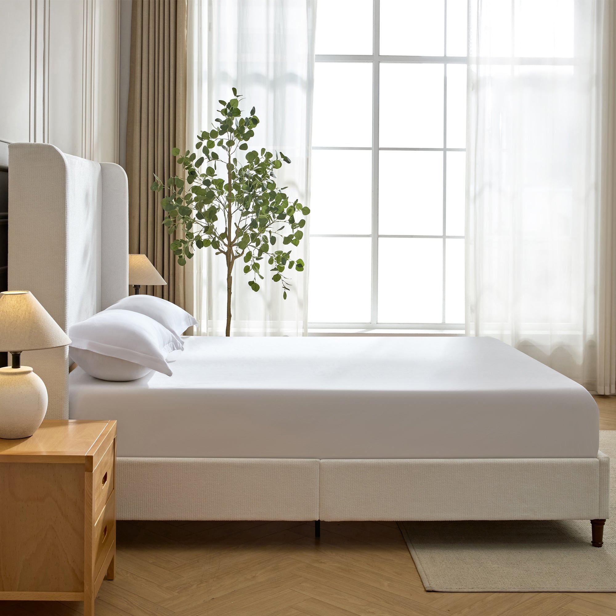 Harper Tall Headboard Upholstered Bed / 54" High Headboard / Elegant Simplicity / No Box Spring Needed / Easy Assembly / King / Cream White Chenille