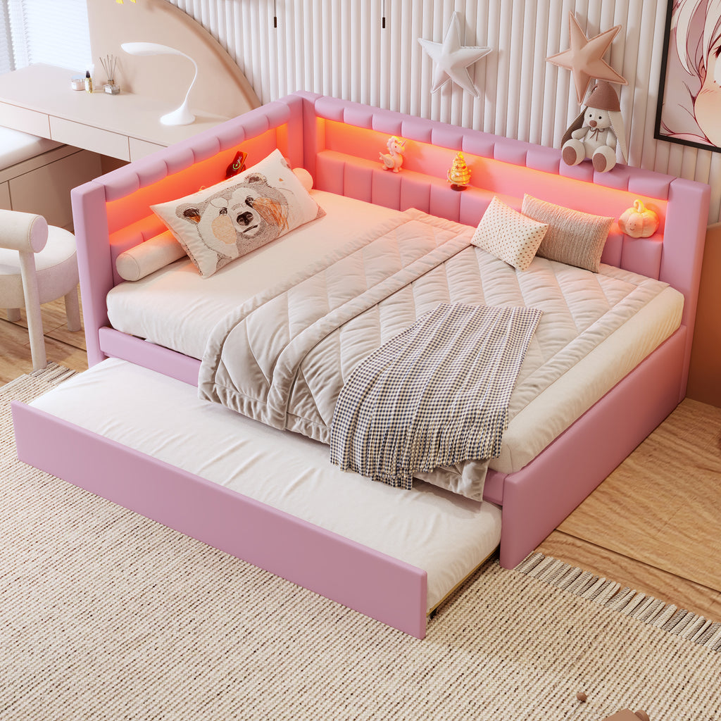 Upholstered Full Size Platform Bed with USB Ports and LED Belt, With Trundle, Pink