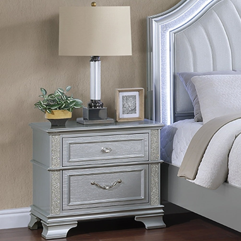 Contemporary Elegant Queen Size Bed 2x Nightstands Footboard Bench Upholstered HB 3pc Set Silver Bedroom