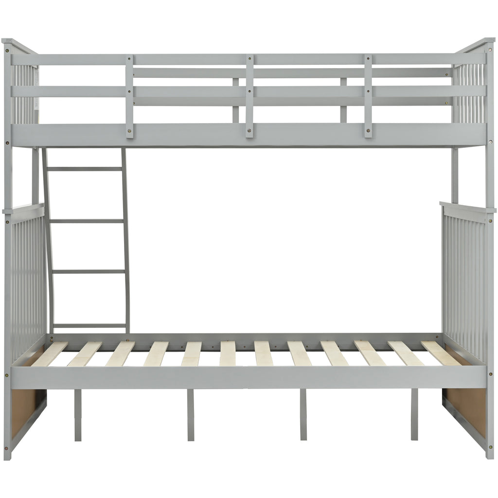 Twin Over Full Bunk Bed , Wooden Bunk Bed with Ladder and Safety Guard Rails –Gray