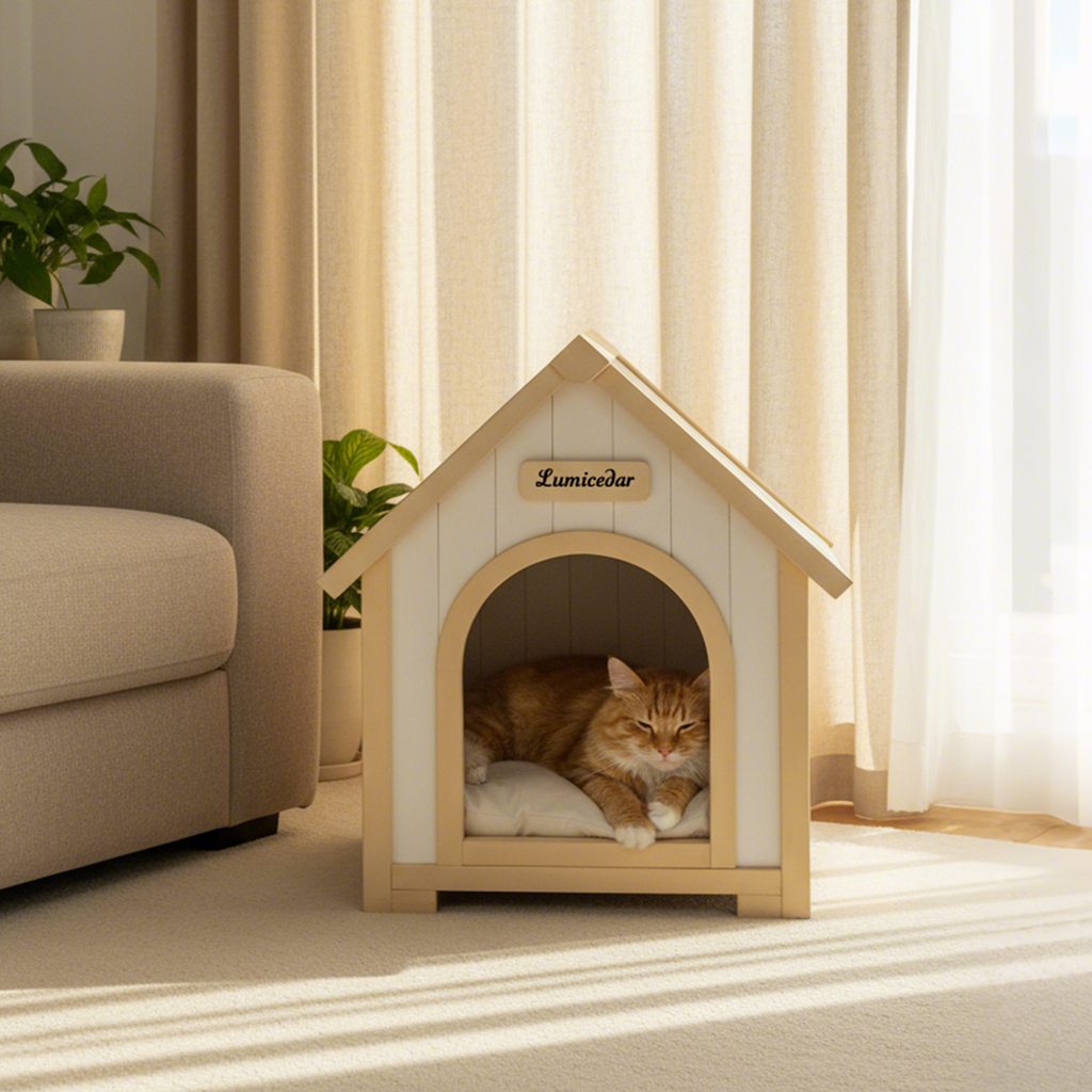 Modern Indoor Wooden Dog House with EVA Cushion – Solid Cedar Pet House for Small Dogs & Cats