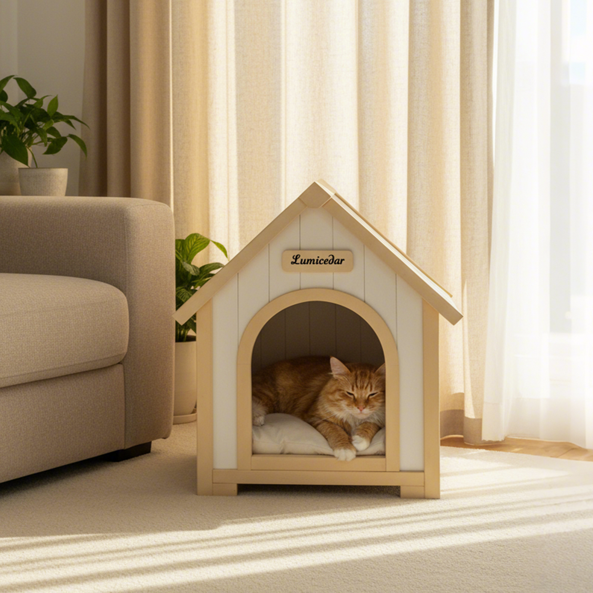 Modern Indoor Wooden Dog House with EVA Cushion – Solid Cedar Pet House for Small Dogs & Cats