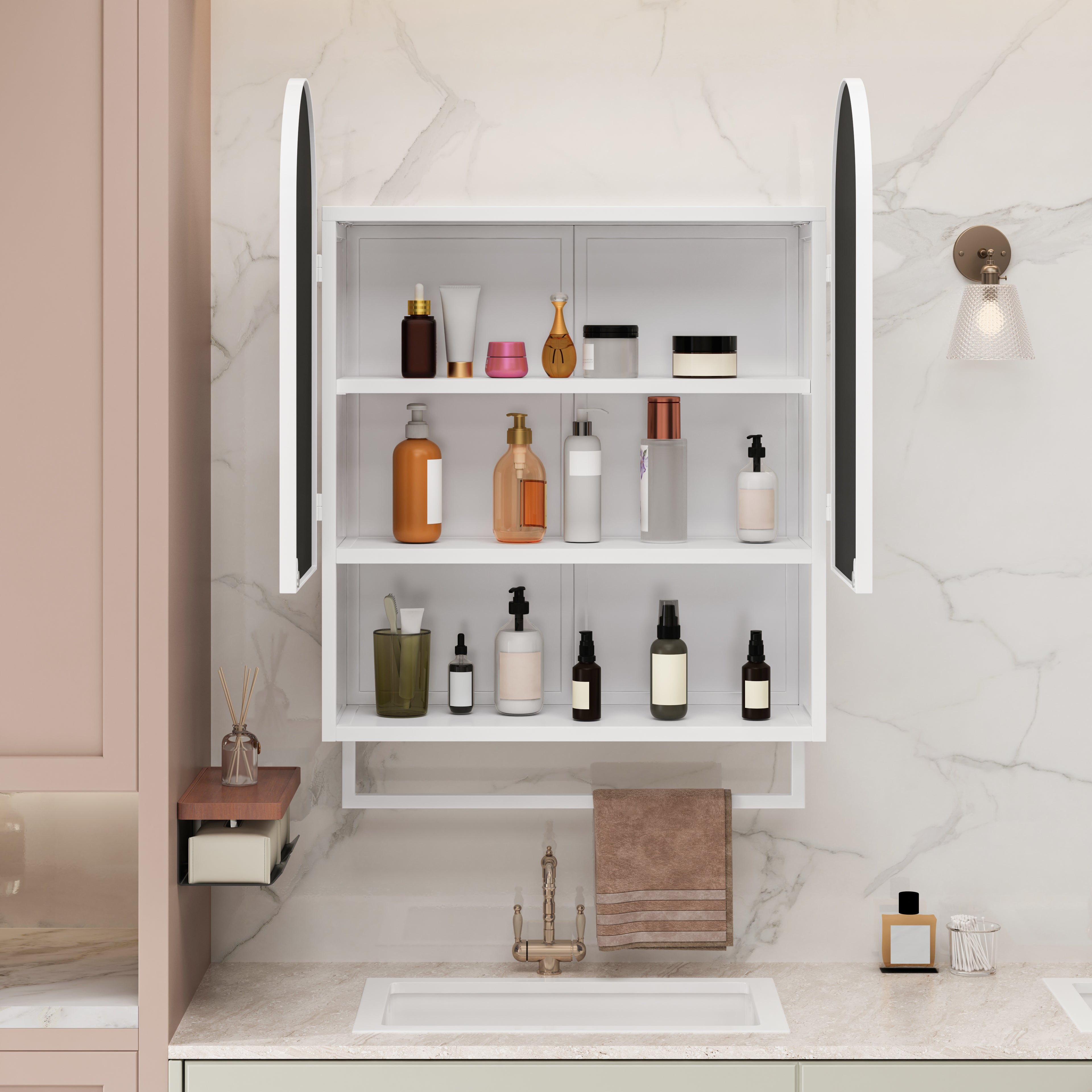23.62" Modern Double-Arched Mirror Cabinet,2 Doors Medicine Cabinet, Metal Wall Cabinet with Adjustable Shelves and Towel Rack, Mirror Cabinet with Storage for Bathroom, Living Room and Bedroom, White